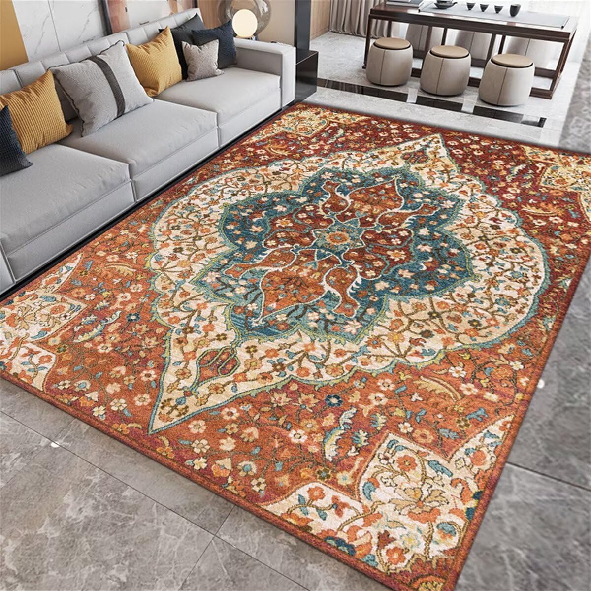 Tapis Carreaux De Ciment Tapis Moelleux Tapis de Salon Style rétro Tapis de Chambre Rouge Lavable Tapis Ado Garcon 200X300CM
