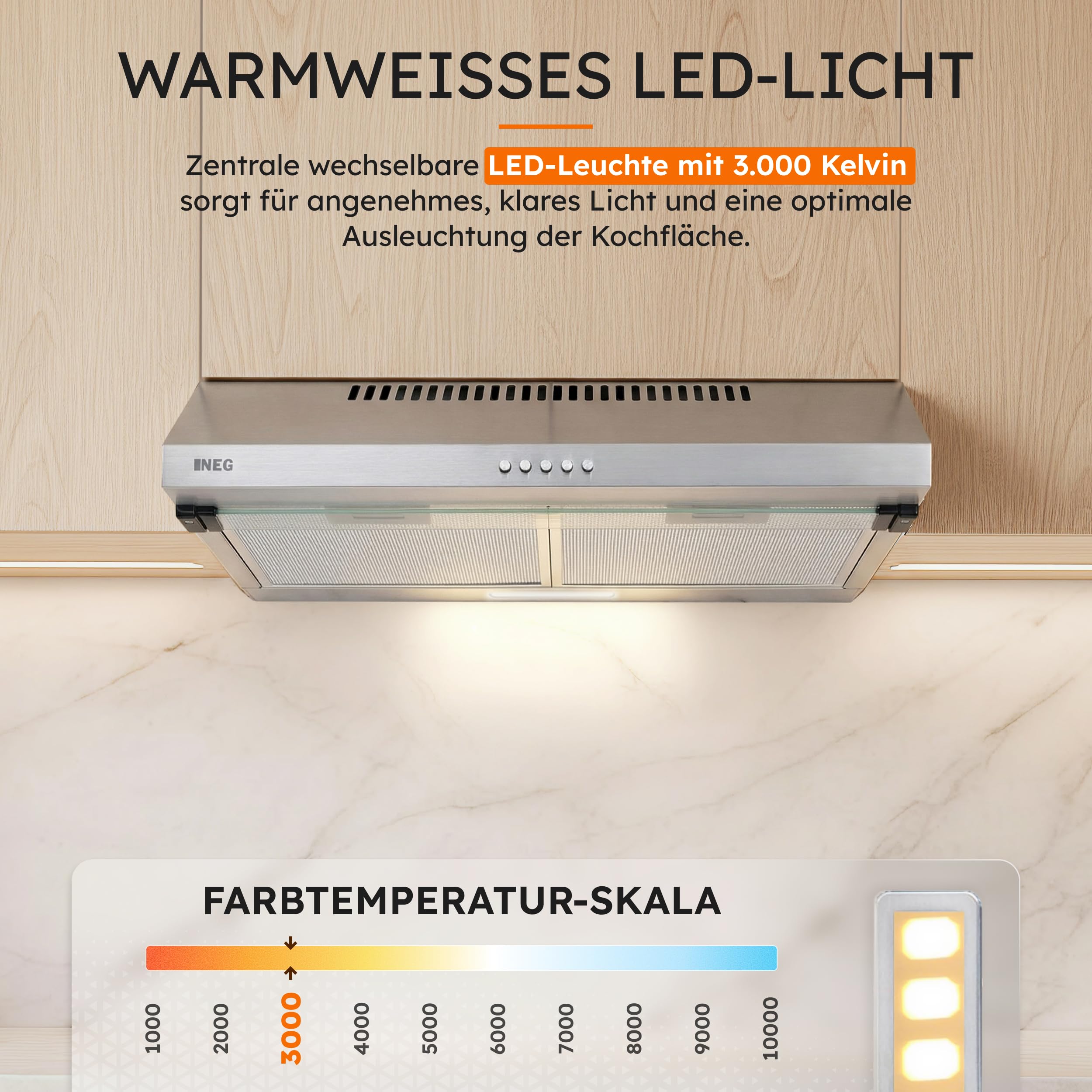 NEG NEG15-AT Unterbau Dunstabzugshaube Edelstahl 200 m³/h Abluft Umluft LED-Beleuchtung 60x50x15 cm