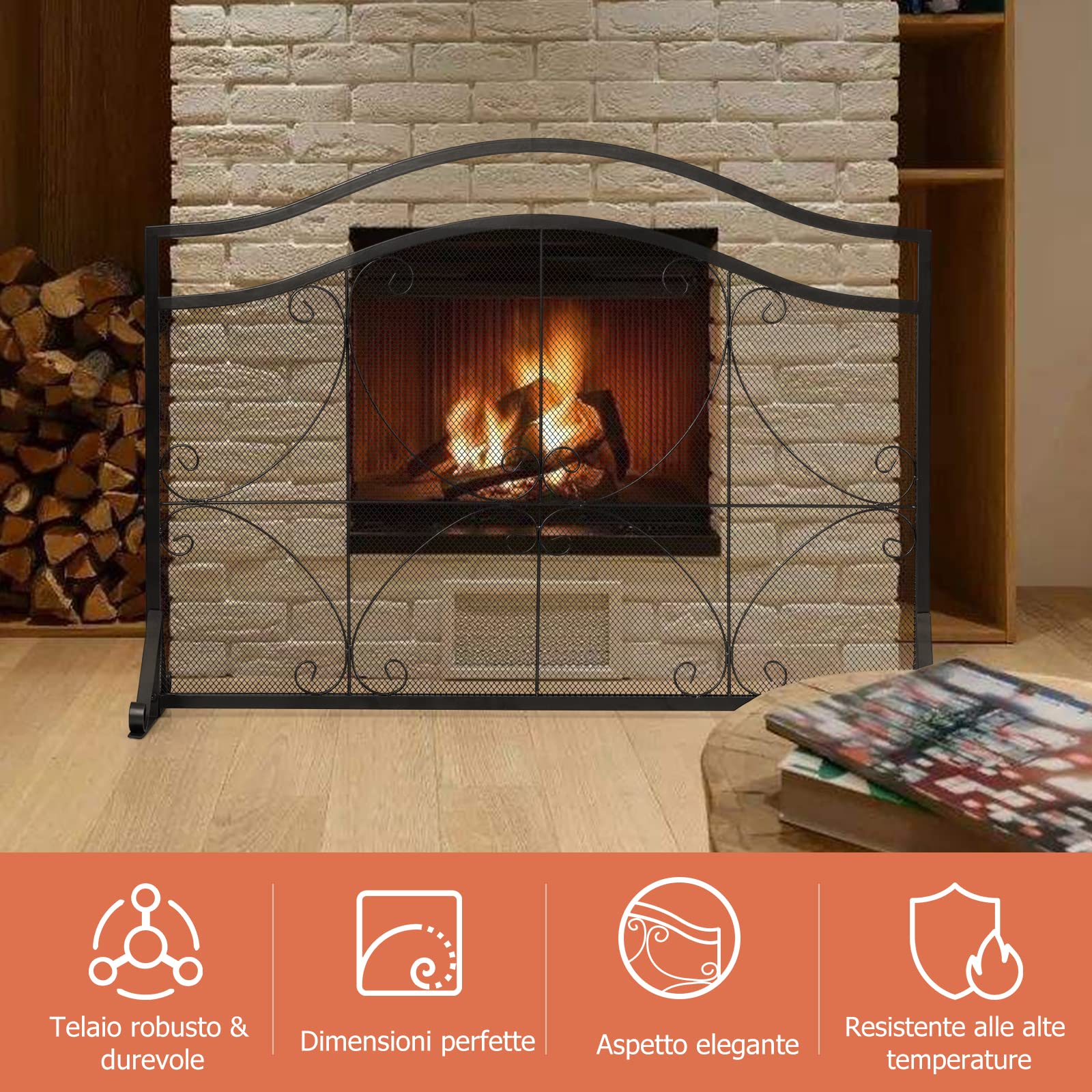 GYMAX Parascintille Camino, Telaio in Metallo, con Gambe di Sostegno, Struttura Stabile, Paravento Moderno per Soggiorno, Camera da Letto, 112,5 x 33,5 x 83,5 cm, Nero