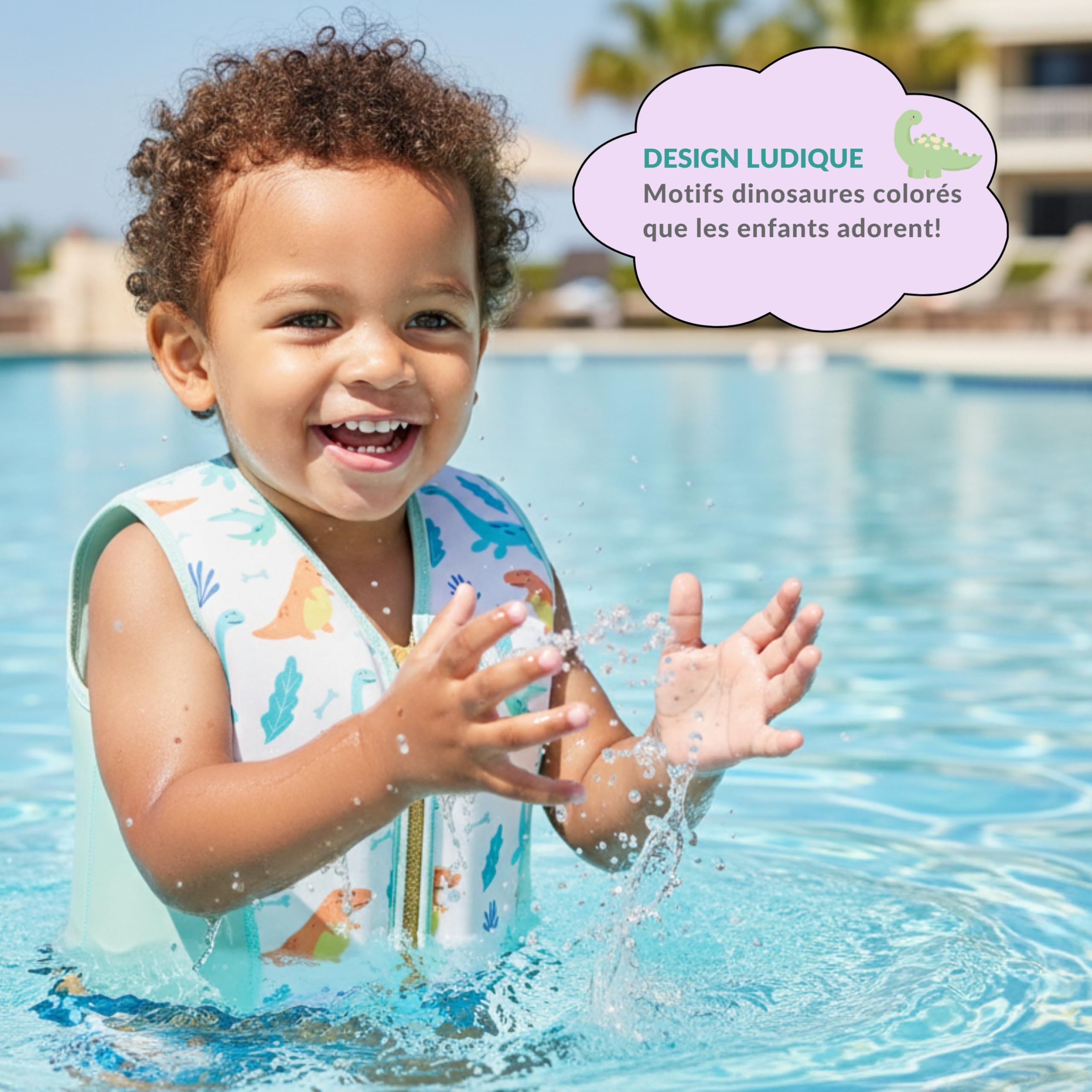 Gilet de Natation Aide à la flottabilité pour Enfants Fille garçon 3 à 6 Ans, UPF 50+, 40kg Maximum, Motif Dinosaure étoile de mer Coquille, Fermeture Éclair Sécurisée Ceinture Ajustable