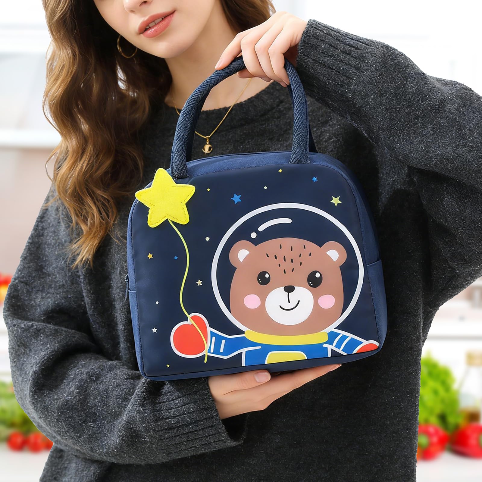 Insulated Reusable Lunch Tote Bags Cartoon Portable Lunch Box for Work Office Picnic Beach Space Bear — view 9