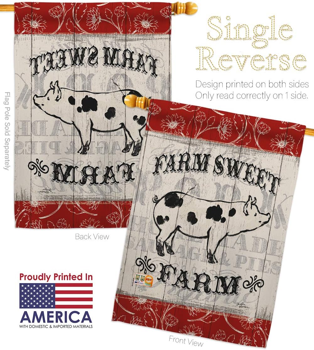 Sweet Farm Pig House Flag Animals Barnyard Animal Cow Horse Rooster Farmhouse Pet Nature Creature Small Decorative Gift Yard Banner Made In USA 28 X 40