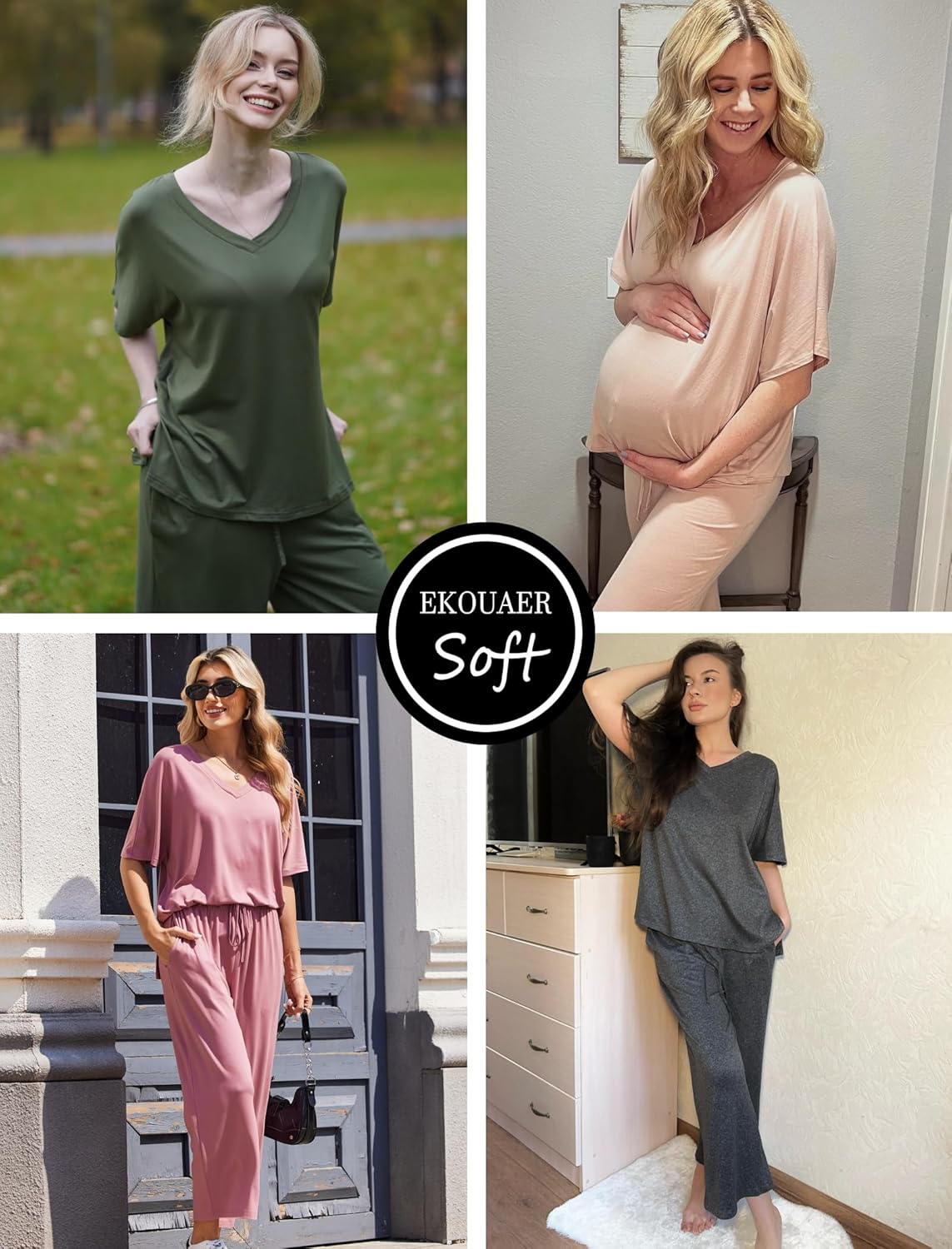 Ekouaer Lounge Sets for Women Pajamas Set Short Sleeve Tops and Long Pants Soft 2 Piece Outfits with Pockets S-XXL - Image 5