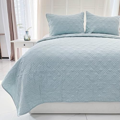 Juego de edredón de 100 % algodón, tamaño King, ligero con costuras, colcha suave para todas las estaciones, juego de edredón de 3 piezas de