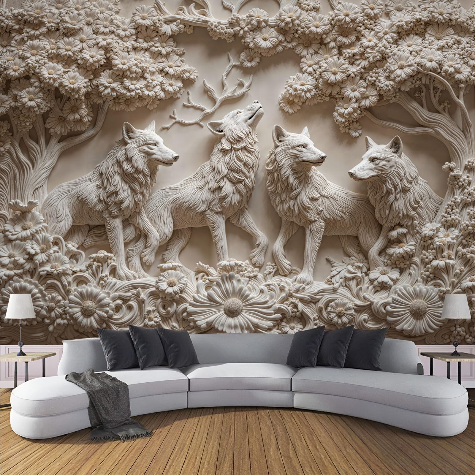 Papier peint paysage faunique beige 200x140cm décor de loups pour décoration murale salon