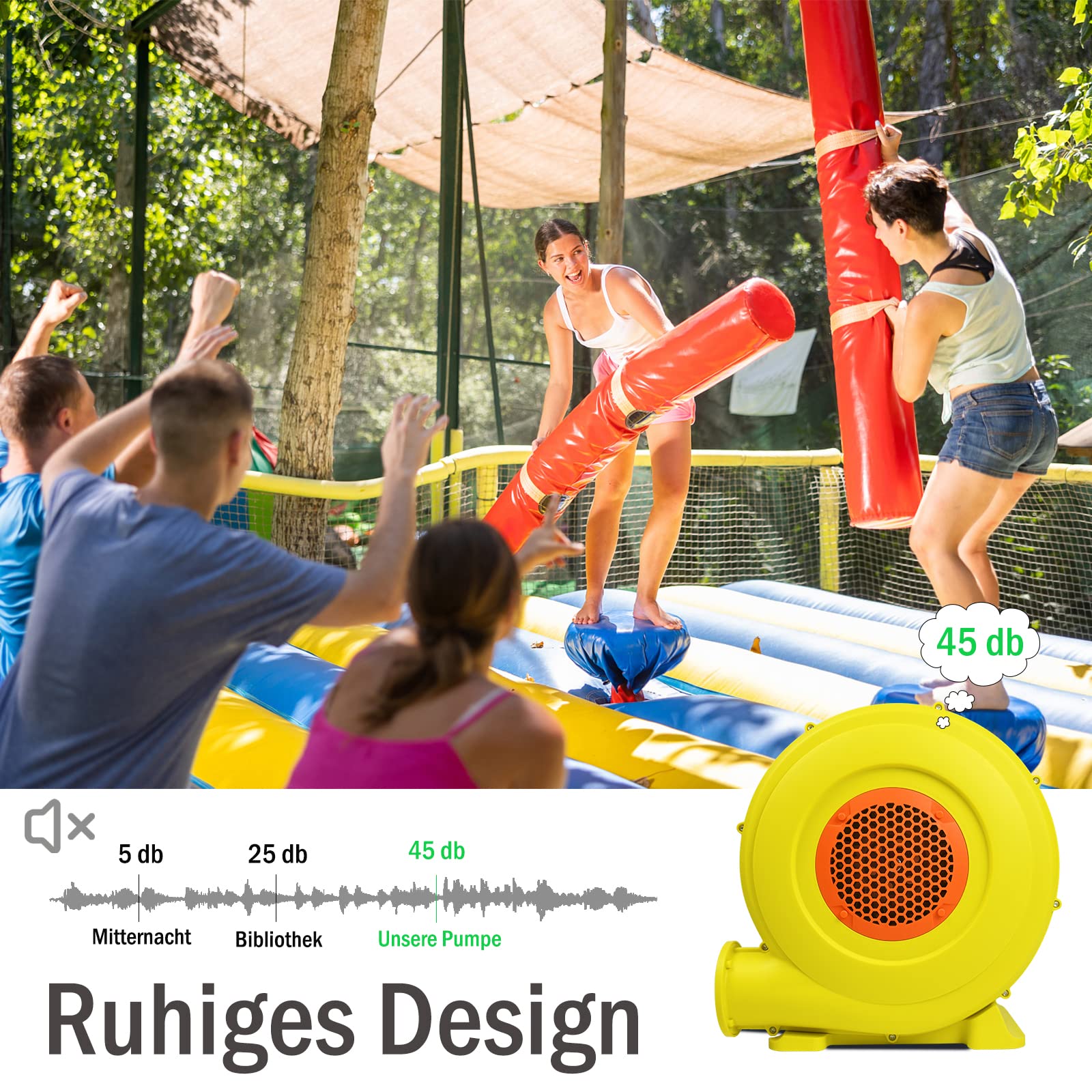 YUENFONG Dmuchawa 750 W, elektryczna pompa powietrza z gwoździami z tworzywa sztucznego, dmuchawa do nadmuchiwanych zabawek (580 m³/wys. 2100 Pa, żółta)