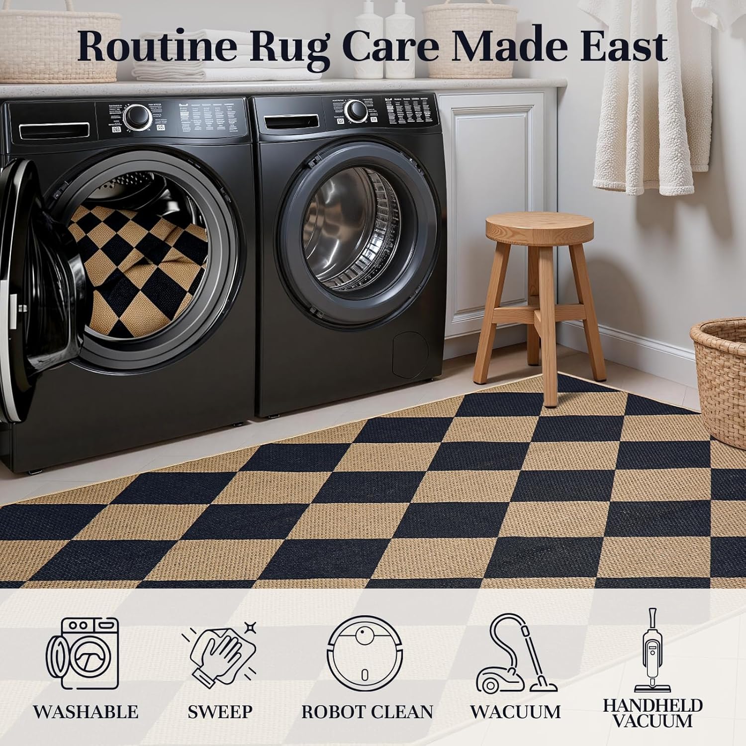 EDIMENS Checkered Easy Jute Rug, 3x5 Outdoor Patio Rug for Entryway Indoor Outdoor Living Room Carpet, Black Washable Non Slip Diamond Farmhouse Carpet for Backyard Front Porch Patio Balcony