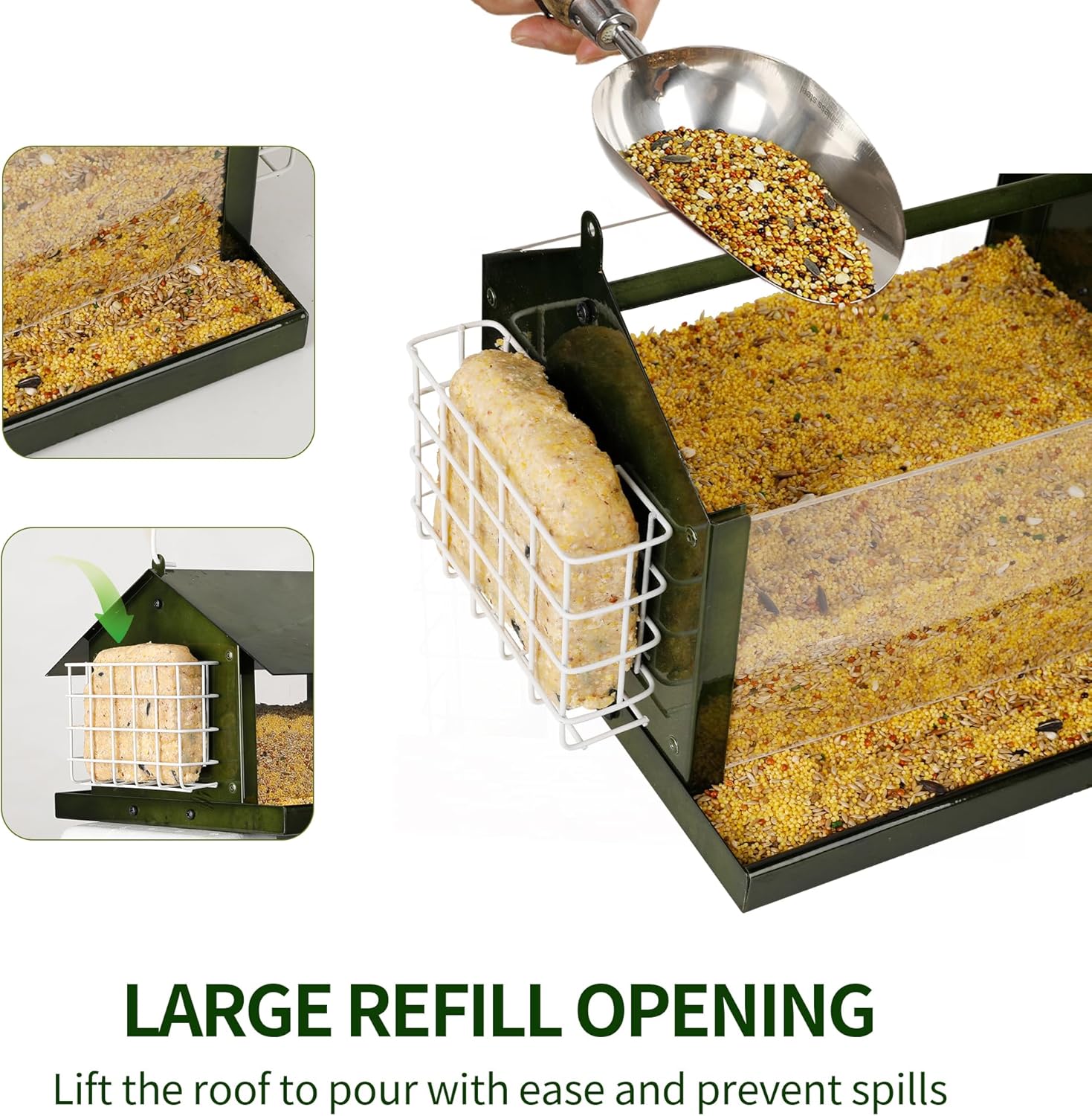 Solution4Patio Bird Feeders for Outdoors Hanging, All Metal, Double Suet Cake and Large Capacity, Hopper Tray & Weatherproof for Finch, Cardinal & Chickadee (Green) - Image 4