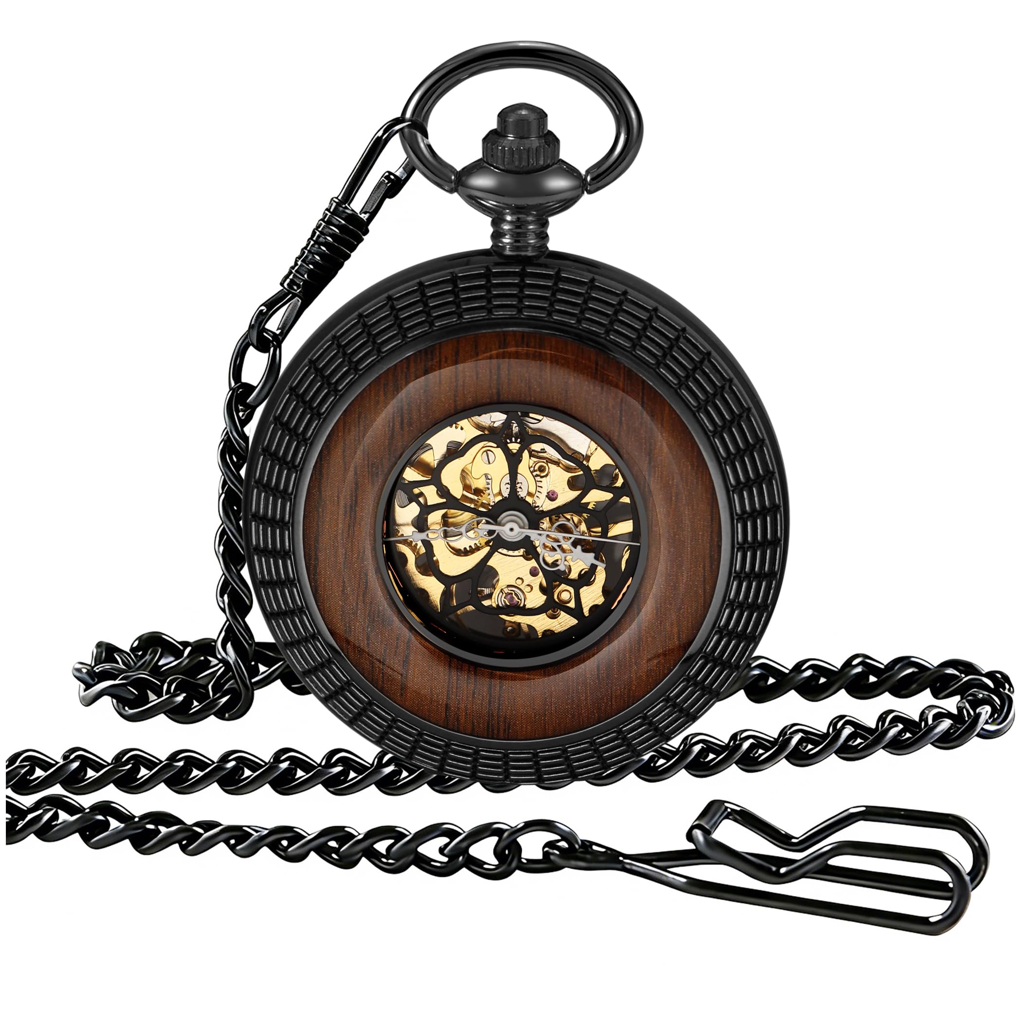 alwesam Hand-Wind Mechanical Men's Pocket Watch Steampunk Wood Grain Hollow Design with Chain & Box-picture-40
