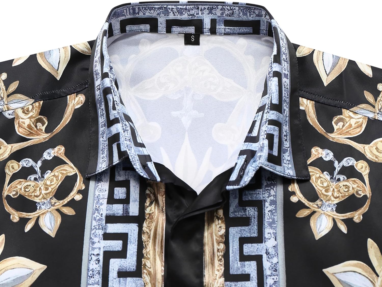 Men Gold Fashion Luxury Printed Satin Long Sleeve Button-Down Shirts Flashy Retro Gorgeous Design Party Gift Shirt