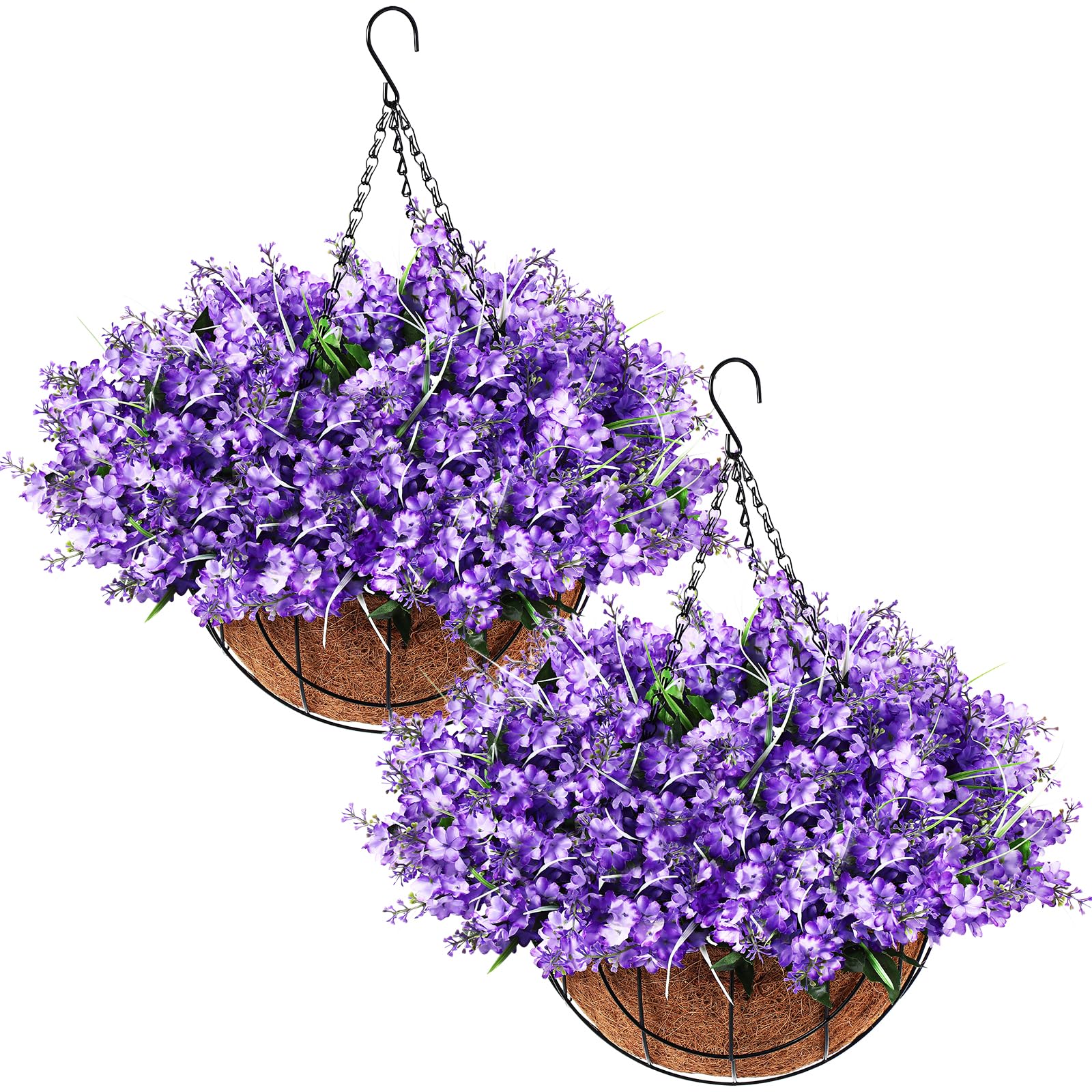 Lyrow Künstliche Hängeblumen im Korb für Frühling, Sommer, Veranda, Haus, Garten, Hof, Dekoration, künstliche Hyazinthen-Arrangement, künstliche Pflanzen in 30,5 cm Kokosnuss-Futter, Korb für Außen-