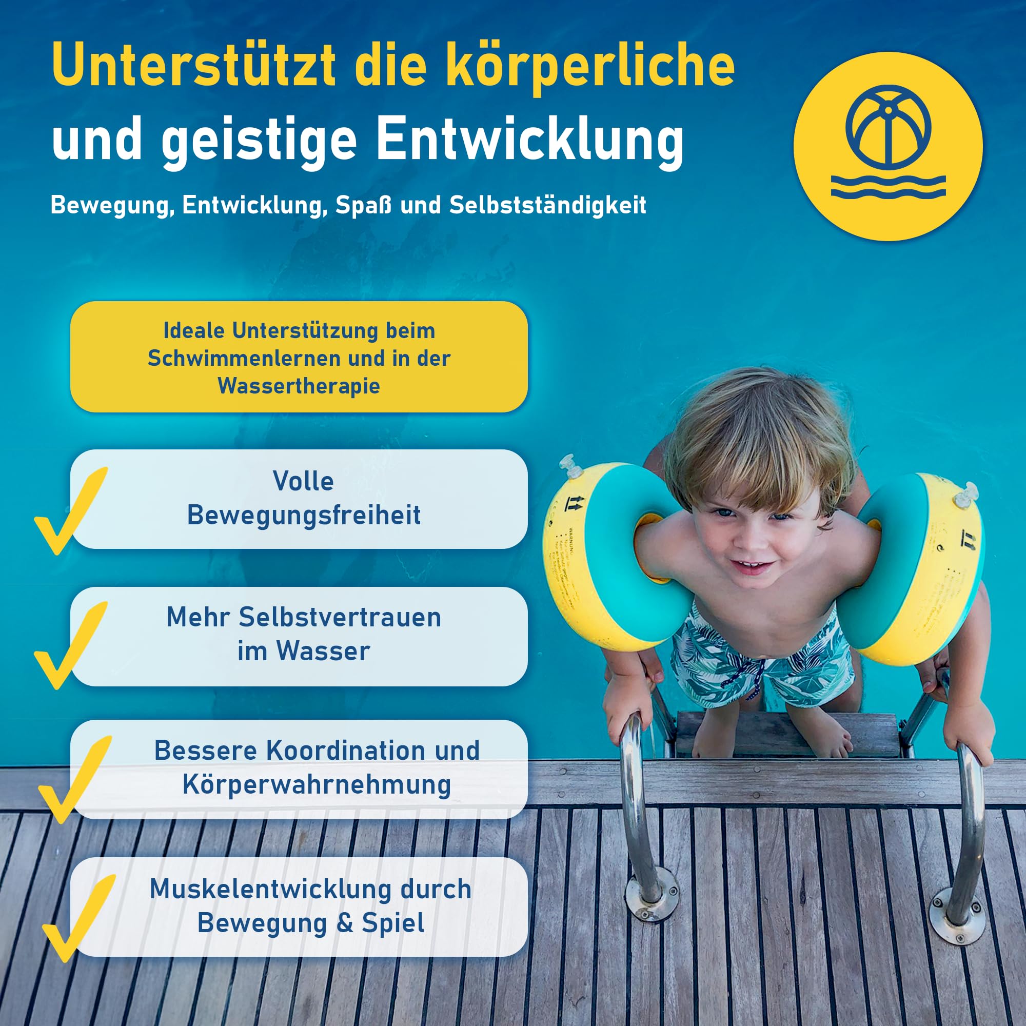 Cherek’s KraulQuappen Schwimmflügel für Anfänger - Schwimmhilfe für Säuglinge & Kleinkinder ab 7 Monat bis 30 kg Gelb-Grün