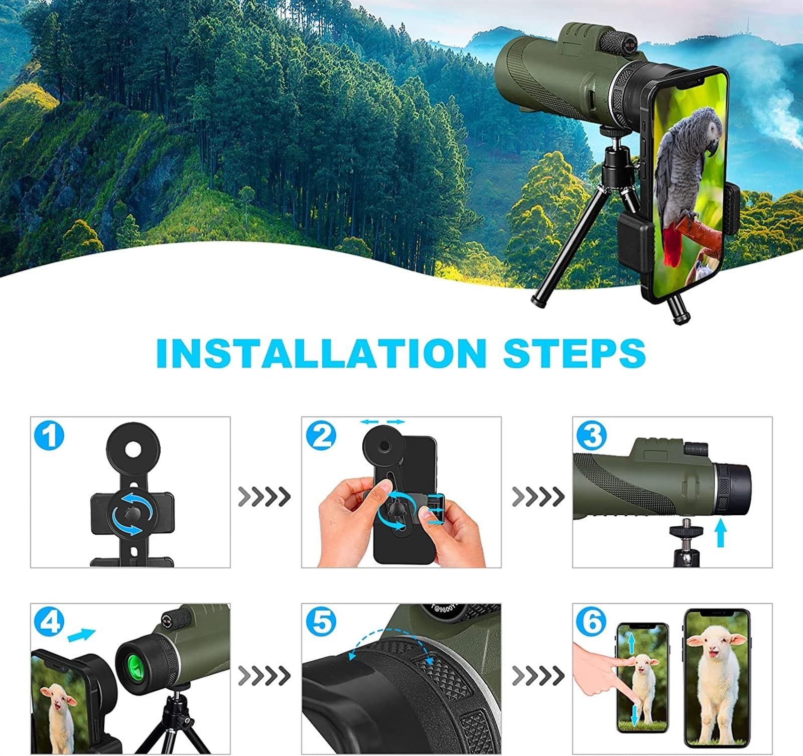Telescopio Monocular 12X50, cámara de teléfono, Gran Aumento, HD, visión Nocturna, telescopio portátil con Soporte for teléfono Inteligente, trípode
