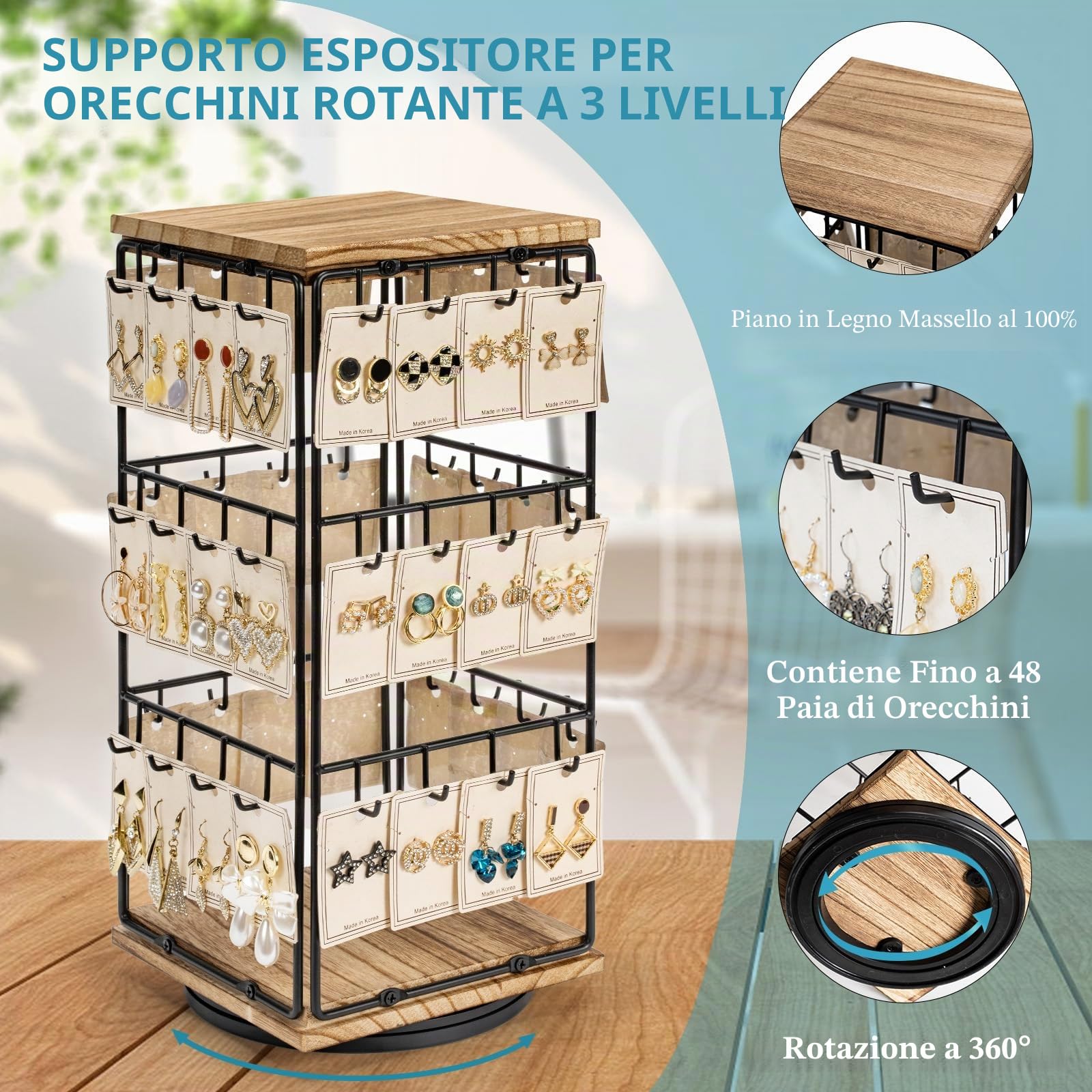Organizer per orecchini, espositore girevole a 360°, espositore per orecchini a 3 strati, con 48 ganci, vassoio in legno, per orecchini, borchie (metallo e legno)