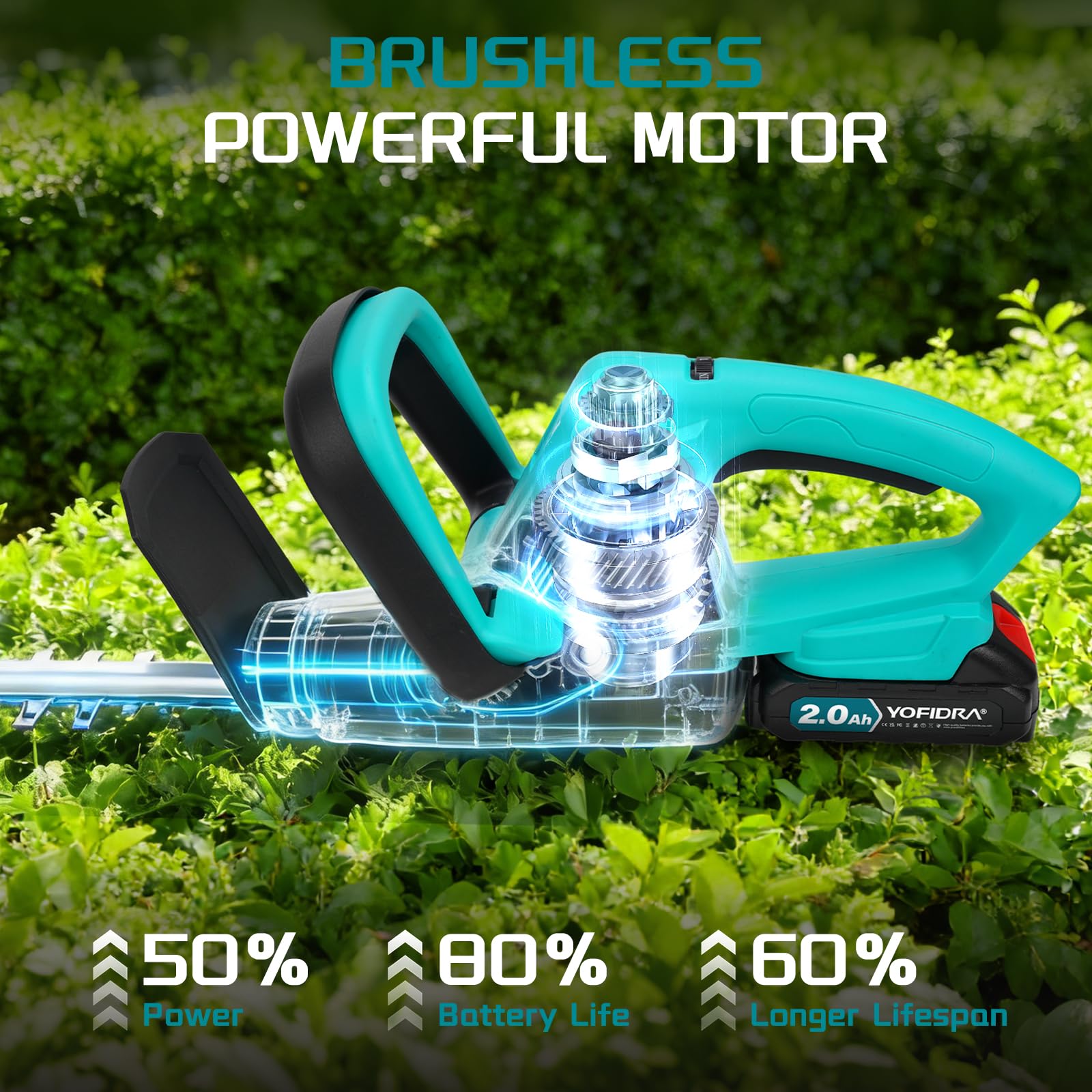 Yofidra Cortasetos con batería, 3300 rpm, 5 velocidades | Cortasetos eléctrico con cuchillas de 54 cm de largo, 2 baterías de 2000 mAh, ligeras para podar en jardín y arbustos