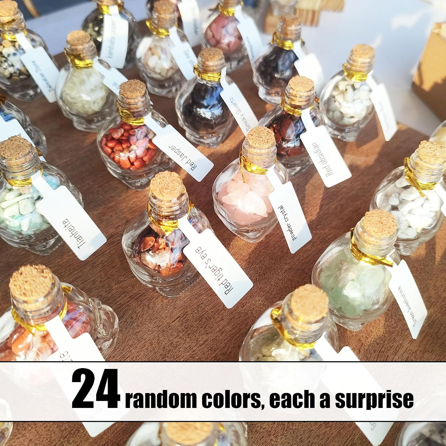 24Pcs Crystals and Healing MINI Stones with Skull Spell Jars-Crystal Chakra Stones Cute Glass Bottle-Healing Crystals