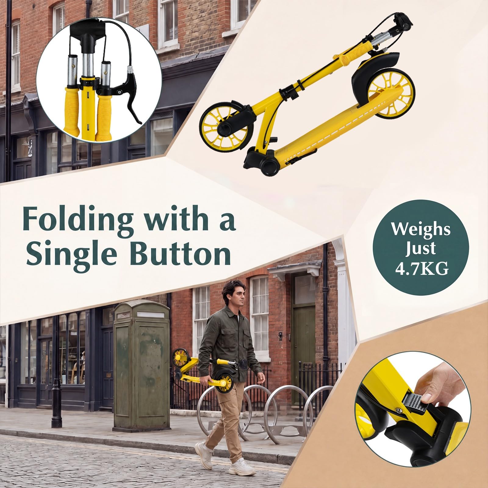 HOMASIS Trottinette Enfant et Adulte, Trottinette Pliable avec 2 Roues Lumineuses, Guidon Réglable en 3 Hauteurs, Béquille, Cadre en Aluminium, Plateforme Antidérapante, Charge 100 kg, 6+ Ans