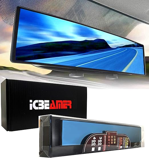 ICBEAMER 14.2" Car Rear View Mirror, HD Blue Tint, Panoramic Wide Angle Convex Surface, 2 Interior Retractable Rubber Clips, Anti Glare, Automotive Accessories Universal for Truck, Car, SUV, 1 Pack