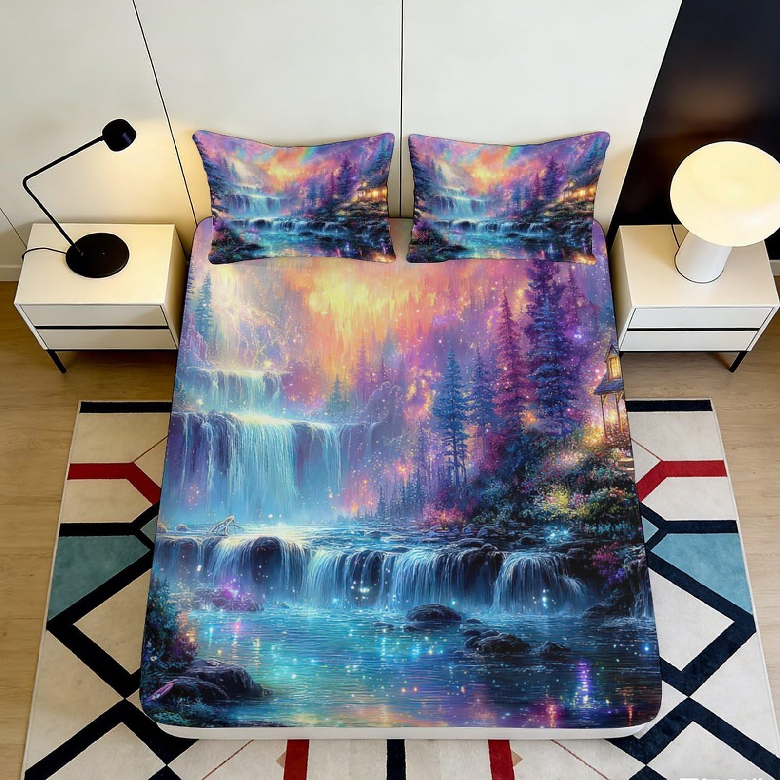 3D Printed Dreamy Waterfall Fitted Sheet Microfiber Soft Blue Forest Mattress Cover for Bedroom Dorm Décor 120x200x25cm