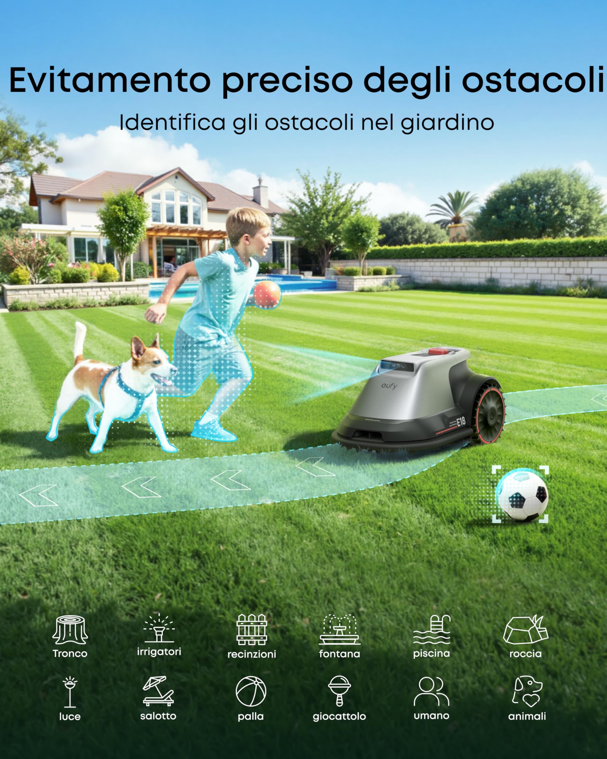 eufy Robot tosaerba E18, Senza cavo limitatore, Nessuna interruzione del segnale,Senza RTK, TrueVision, Sistema GNSS, Giardino fino a 1200 m², Taglio Preciso Bordi, Evita Ostacoli, Controllo App