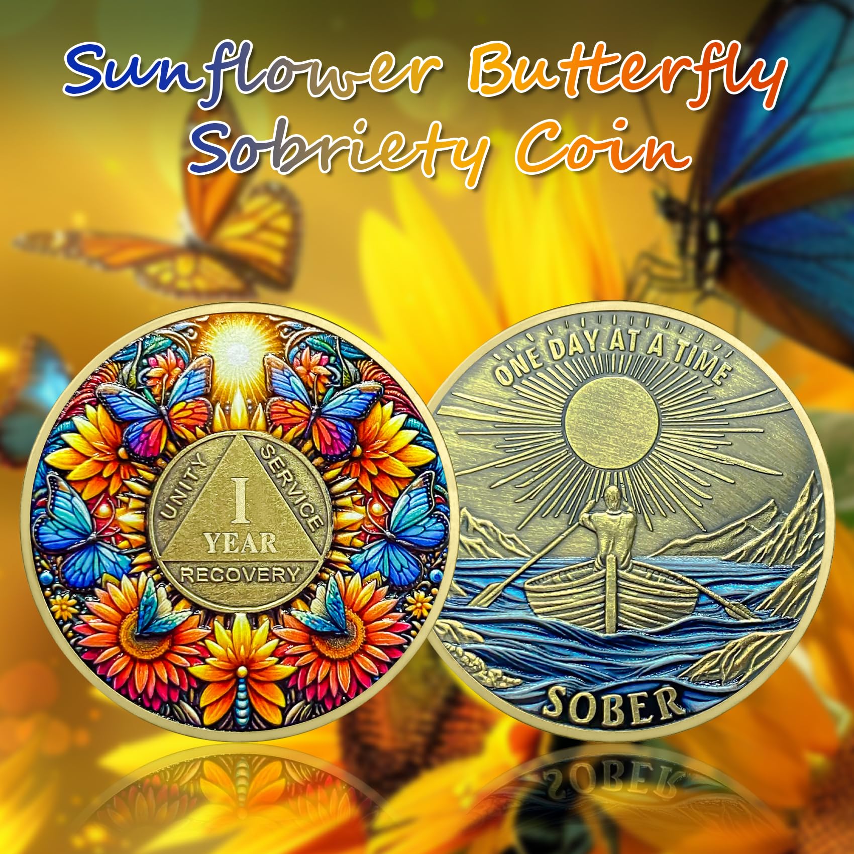 Jeton De Sobriété 7 Ans Tournesol Papillon - Médaille AA Un Jour à La Fois