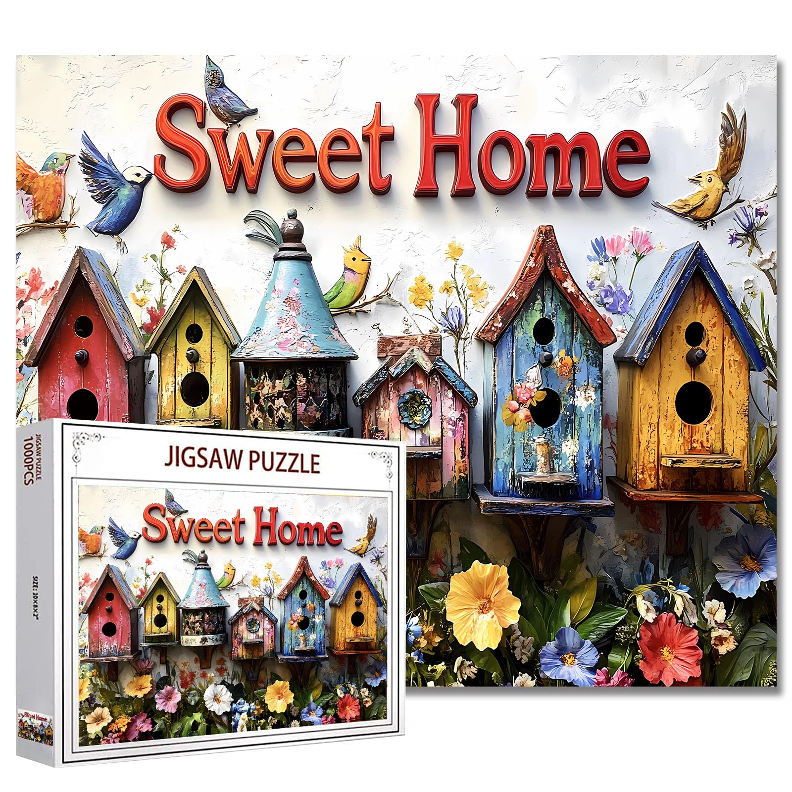 Beautiful Birdhouses Display Jigsaw Puzzles 1000 Pieces for Adults, Colorful Various Birdhouses 20''x27''Inch Garden Bird Sweet Home Sign Puzzle Art for Birdhouse Theme Puzzle Lovers