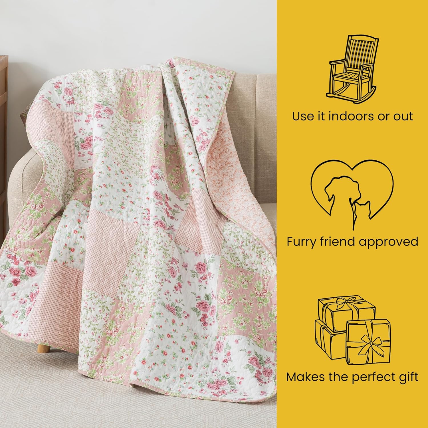 Soul & Lane Blush Bloom Quilted Throw Blanket - 50" x 60": 100% Cotton Floral Quilt in Blush and Pink, Roses Patchwork Lap Quilt - Image 6