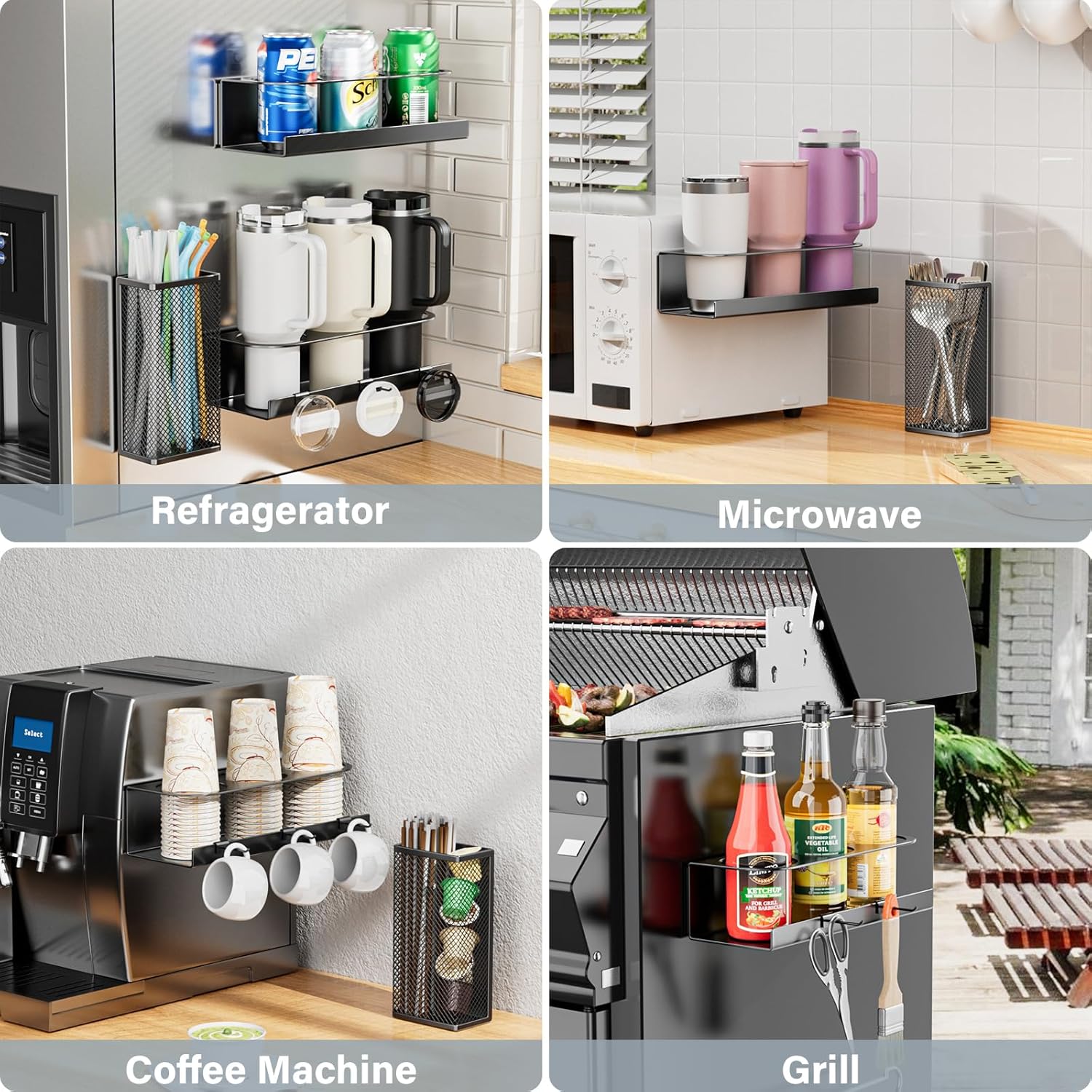 OVICAR Magnetic Cup Holder for Stanley 20/30/40oz - 2 Pack Tumbler Organizer for Refrigerator - Water Bottle Organizer with Straw Basket & 6 Hooks Tumbler Cup Lids Accessories Storage Black - Image 7