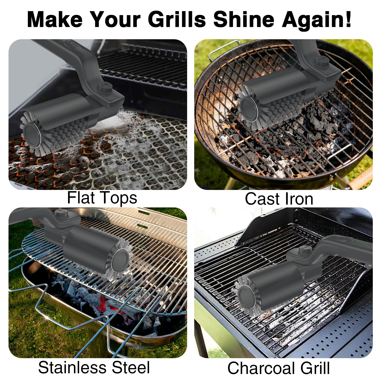 Elektrische Grillbürste, Wiederaufladbarer Elektrischer Grillreiniger 1500 U/min, 100 Min Laufzeit,Austauschbare Edelstahl-Bürstenkopf,Sicher für Alle Grills, BBQ Geschenk,IPX7 Wasserdicht (B)