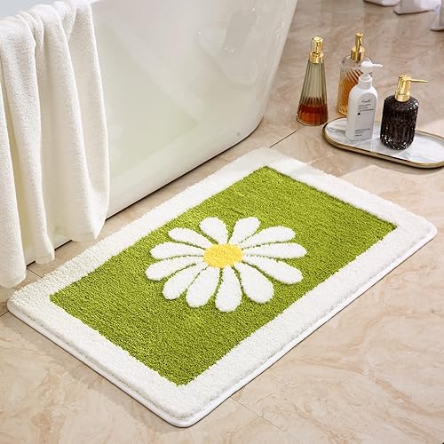 Dorruger Alfombras de baño, alfombras de baño de flores blancas, esponjosas, suaves, de fibra superfina, antideslizantes, lavables a máquina,