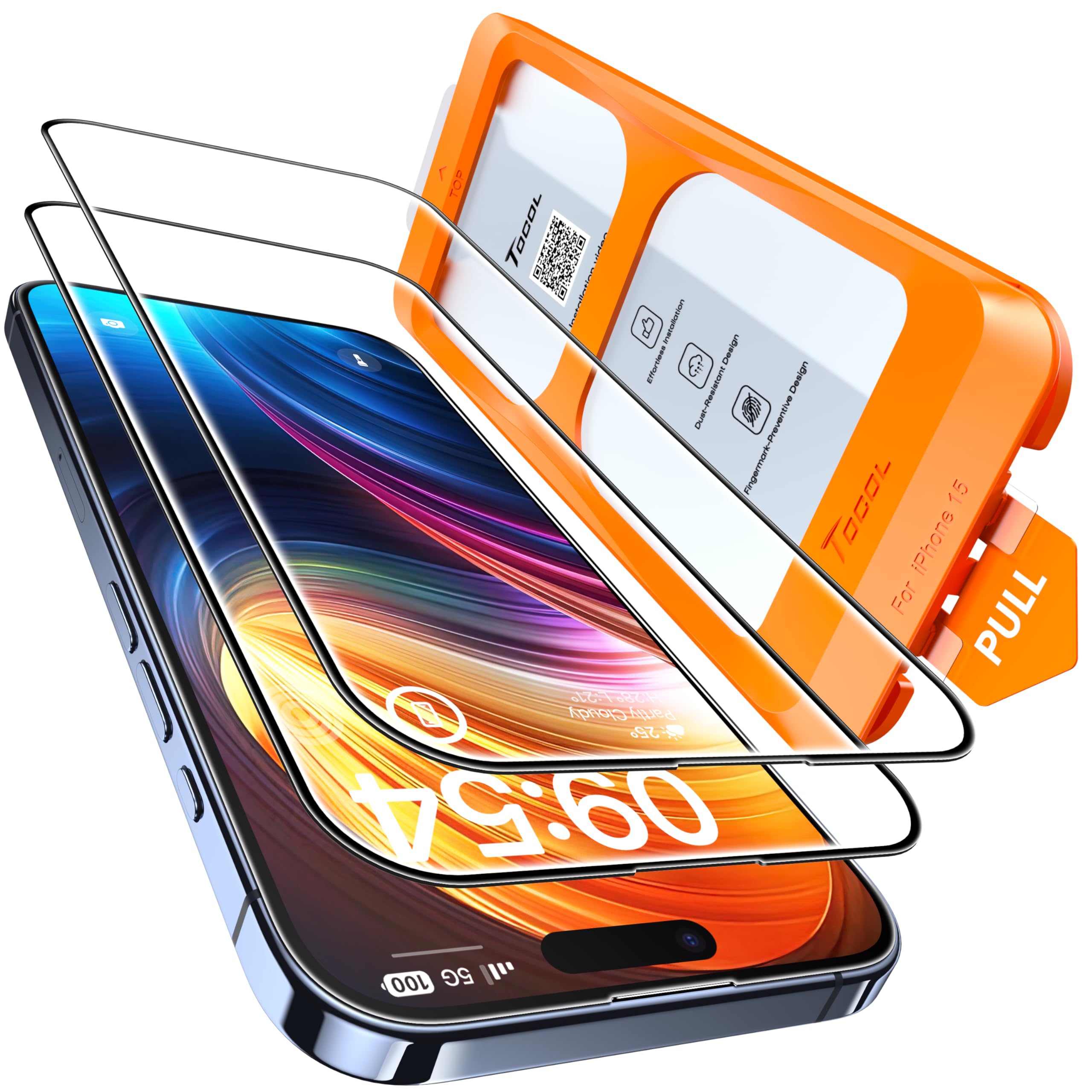 TOCOL 2 Pack for iPhone 15 Screen Protector 6.1 Inch, Easy Installation Full Coverage No Bubbles No Dust Military Grade Shatterproof, 9H Hardness Tempered Glass Screen Protector, Case Friendly