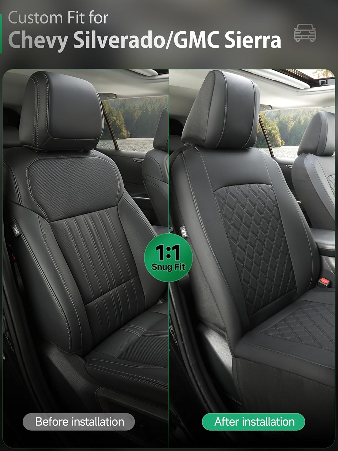 GIANT PANDA 2PCS Front Car Seat Cover for 2007-2026 Chevy Silverado & GMC Sierra 1500 2500 3500 Crew Extended Double Cab Pickup,Custom Fit Chevy & GMC Truck Seat Protectors,Faux Leather (Black)