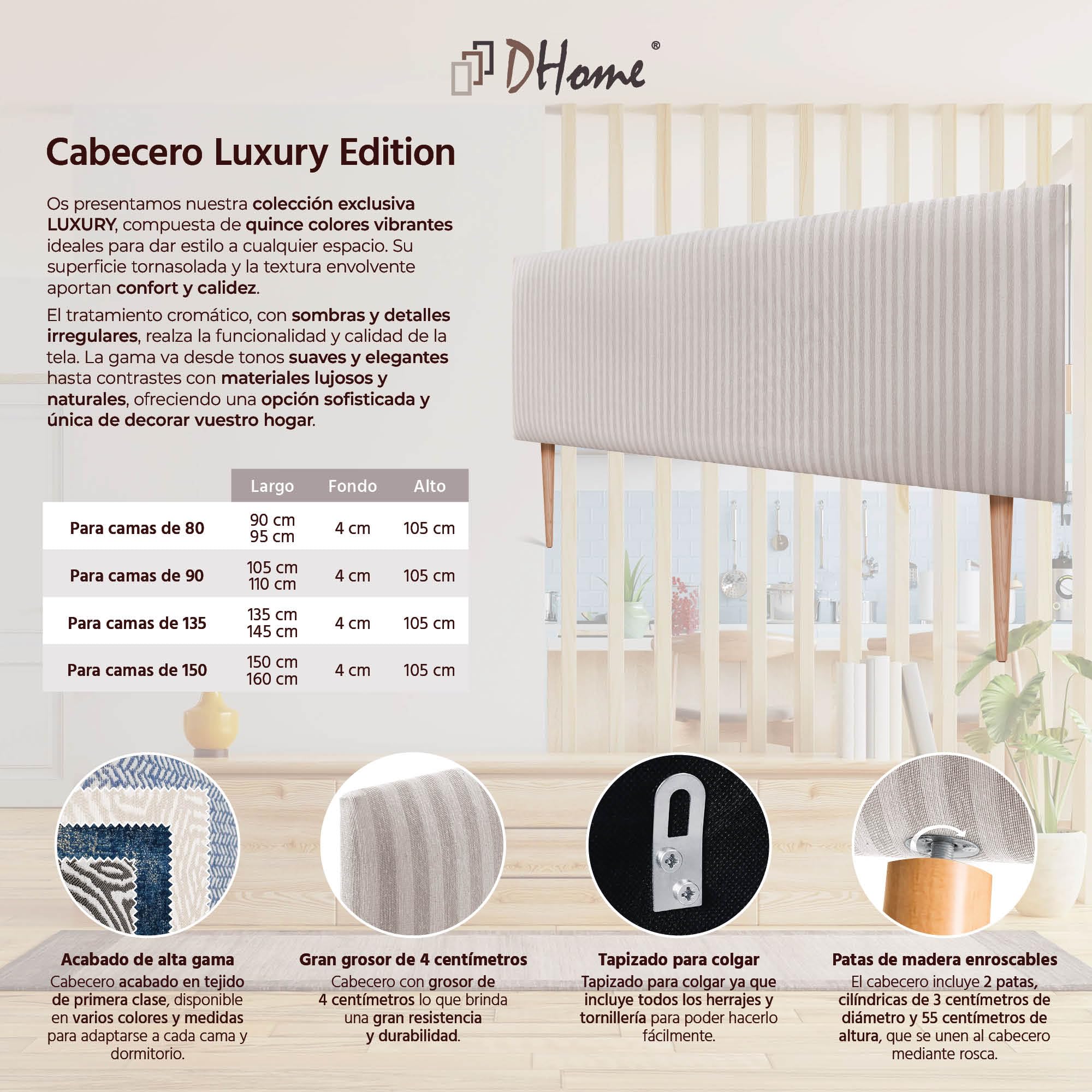 DHOME Cabecero Tapizado Liso Exclusivo Serie Luxury Edition con Patas para Pared Acústicos Cabeceros Absorbentes Cabezal Cama Dormitorio (Cream, 150cm, 4cm Grosor)