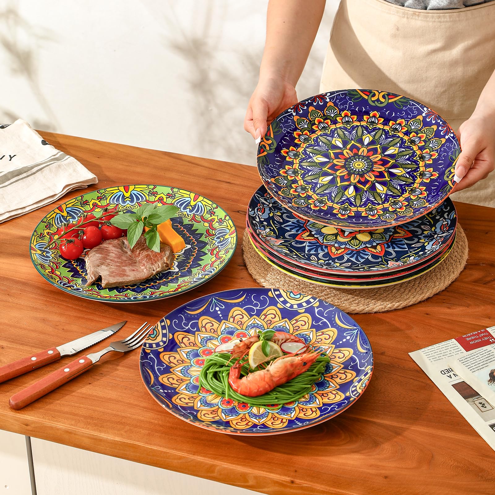 Ceramiczny zestaw talerzy obiadowych, duże porcelanowe talerze do makaronu, sałatek i steków, nadają się do kuchenki mikrofalowej i zmywarki, kolorowy styl boho, idealne na imprezę, prezent i do
