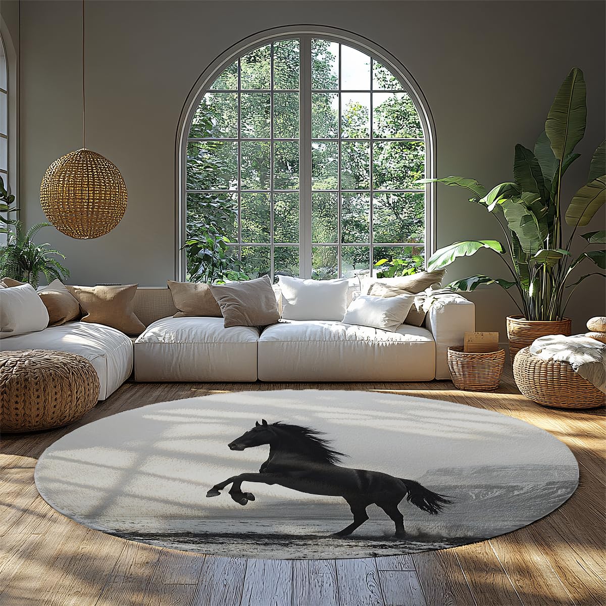 Realistic Black Horse Round 100cm Tapis Ronds Modernes pour Salon Animaux Facile Nettoyer Chambre Assise carpette Fine Descente de lit Pliable