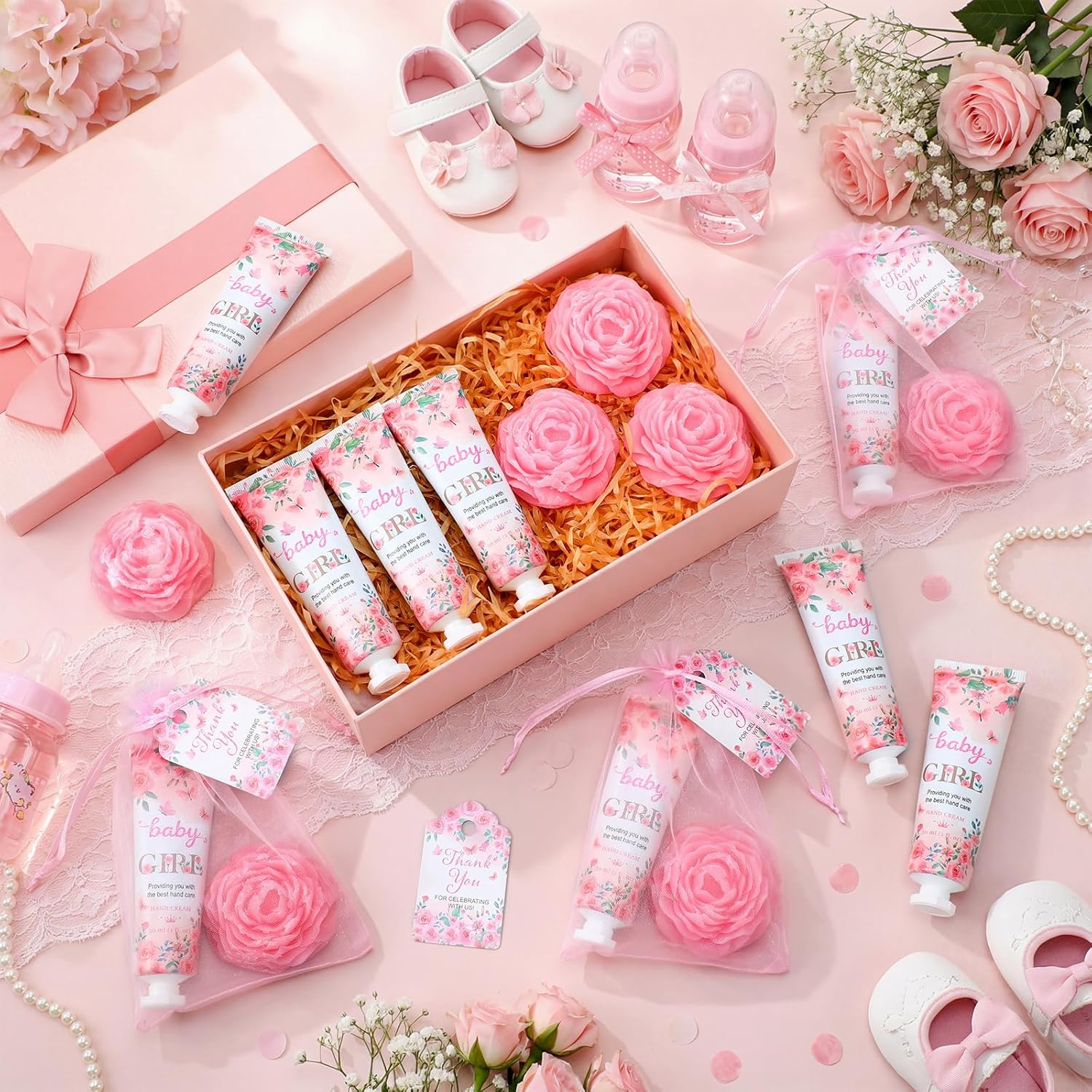Loopeer 30 Set/120 Pcs Pink Flowers Baby Shower Favors for Guests Hand Cream Soap Party Favors Gifts Travel Size with Organza Bags, Thanks You Tag for Baby Shower Birthday Wedding Gifts