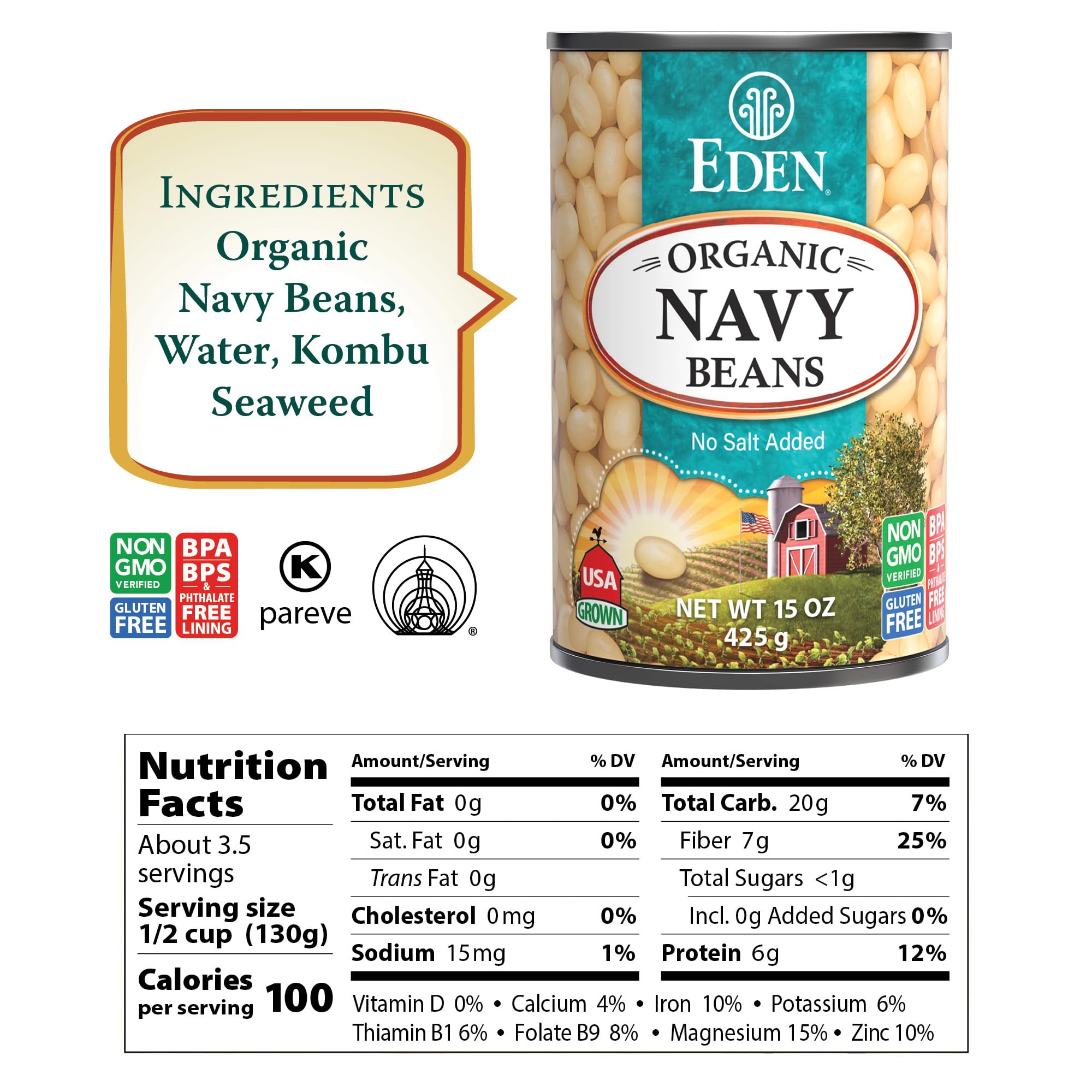 Eden Organic Navy Beans/White Beans, 15 oz Can (12-Pack), No Salt, Non-GMO, Gluten Free, Vegan, Kosher, U.S. Grown, Heat and Serve, Macrobiotic, Boston Bean