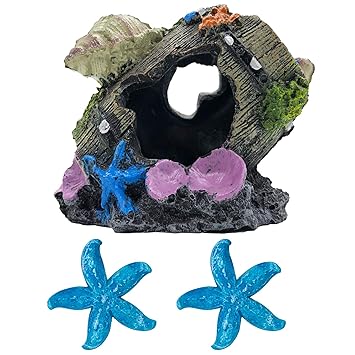 GSD Shell Broken Barrel Resin Betta Fish Tank Accessories Ornaments for Fish Cave Hide Tank Decorations, Shell Broken Barrel x 1pc, Blue Star Fish Ornaments x 2pcs
