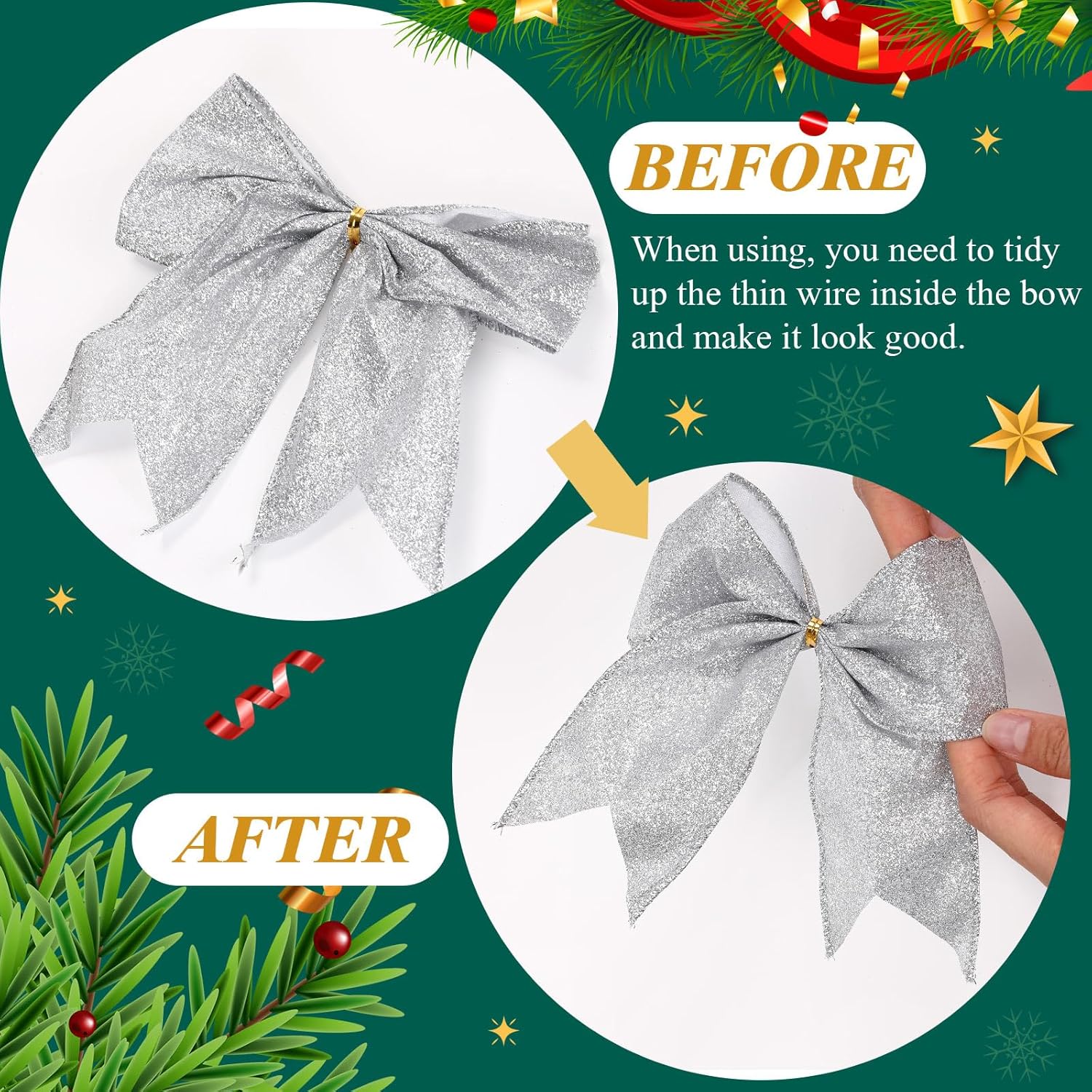 Knitgrip 36 Pcs Christmas Bows with Twist Ties 6 Inch Velvet Mesh Ribbon Wreath Glitter Bows for Holidays Wreath Christmas Tree Railings Farmhouse Decoration DIY Craft Gift(Silver)