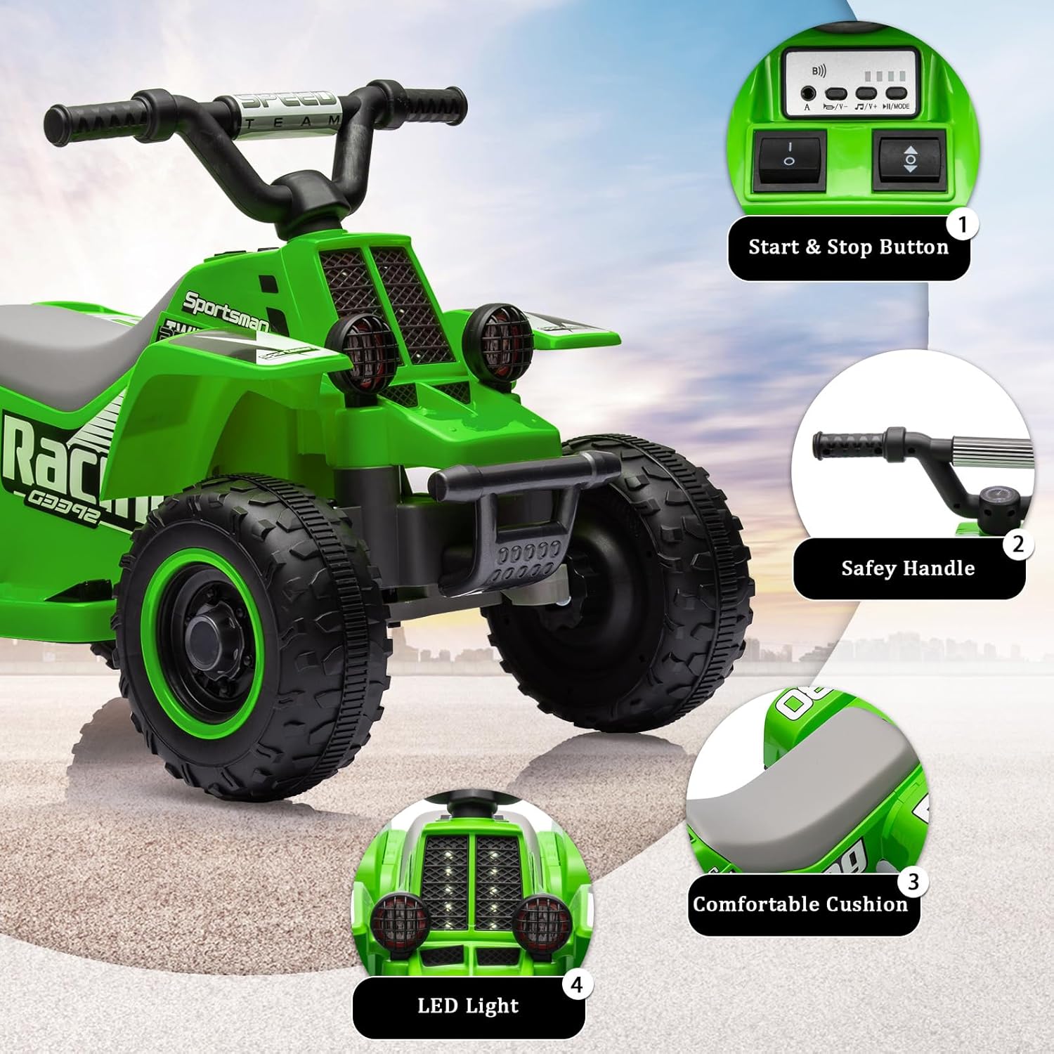 Hetoy 6V Kids Ride On Electric ATV, Ride Car with LED Headlights, Ride-On Toy for Toddlers 1-3 Boys & Girls with Music, Forward & Reverse (Green)
