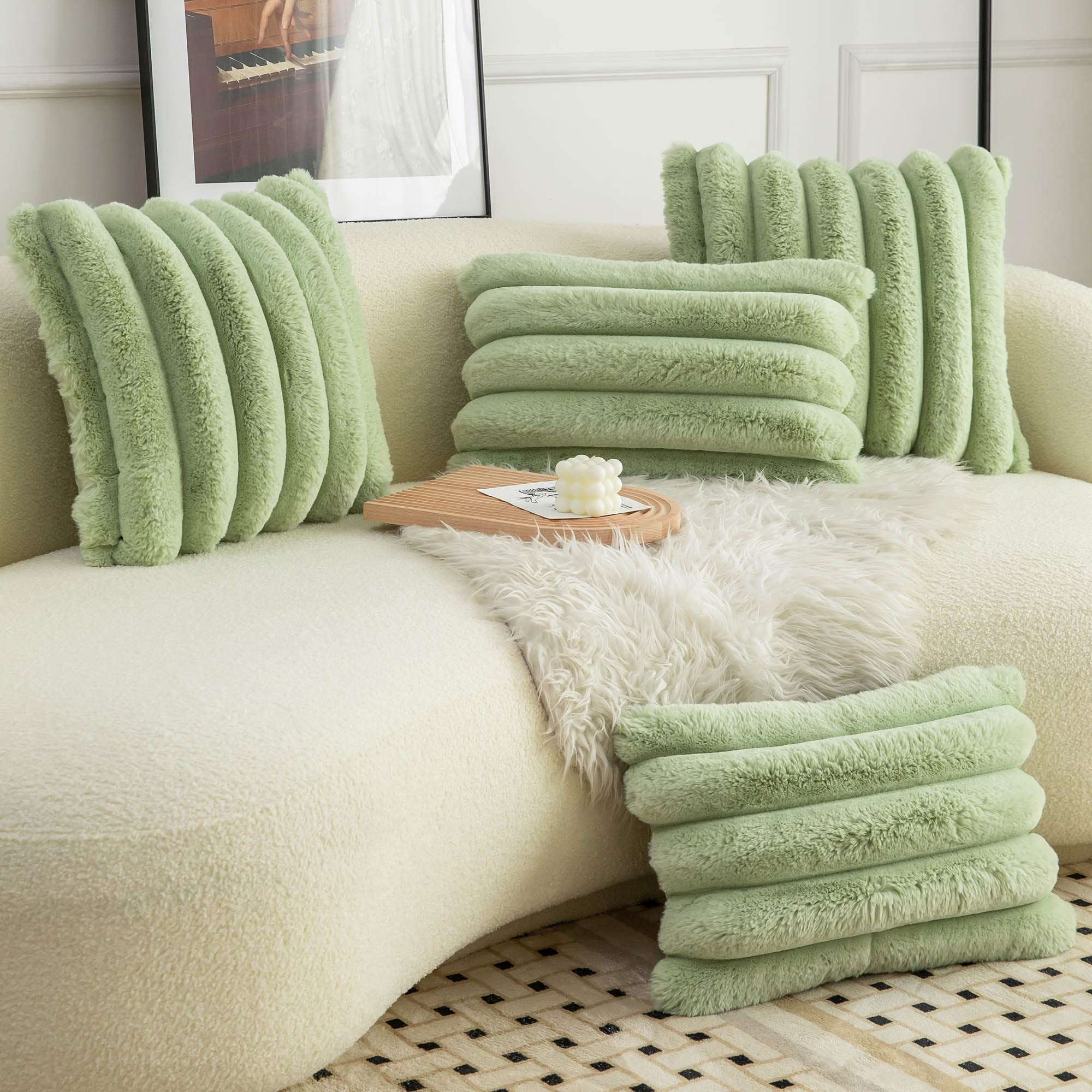 Neelvin Green Faux Fur Cozy Soft Striped Decorative Throw Pillow Covers 20x20 inch(50x50cm) Set of 2,Velvet Pillowcase Cushion Case for Sofa Couch - Image 4