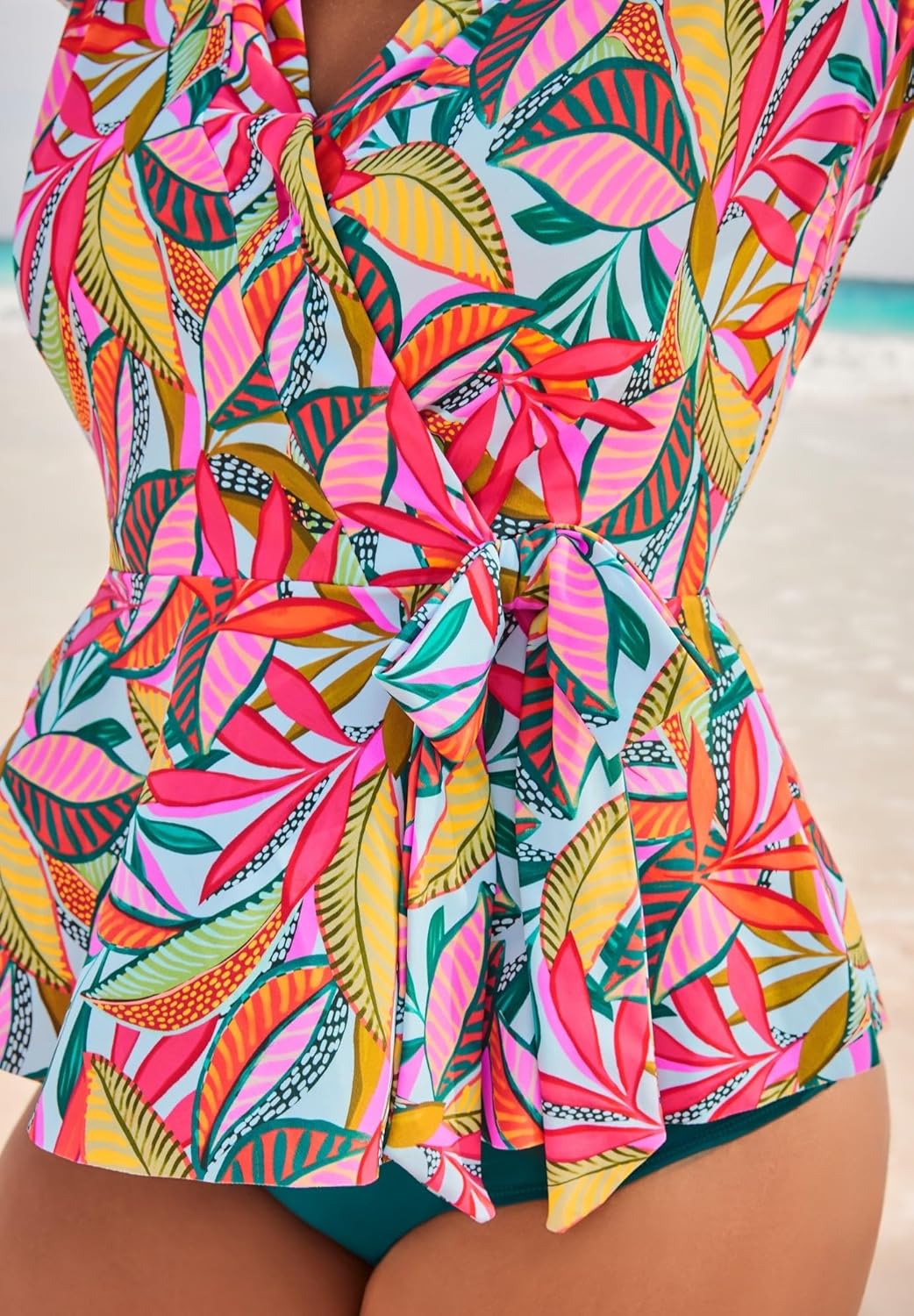 Swimsuits For All Women's Short Sleeve Faux Wrap Tankini Top (Plus