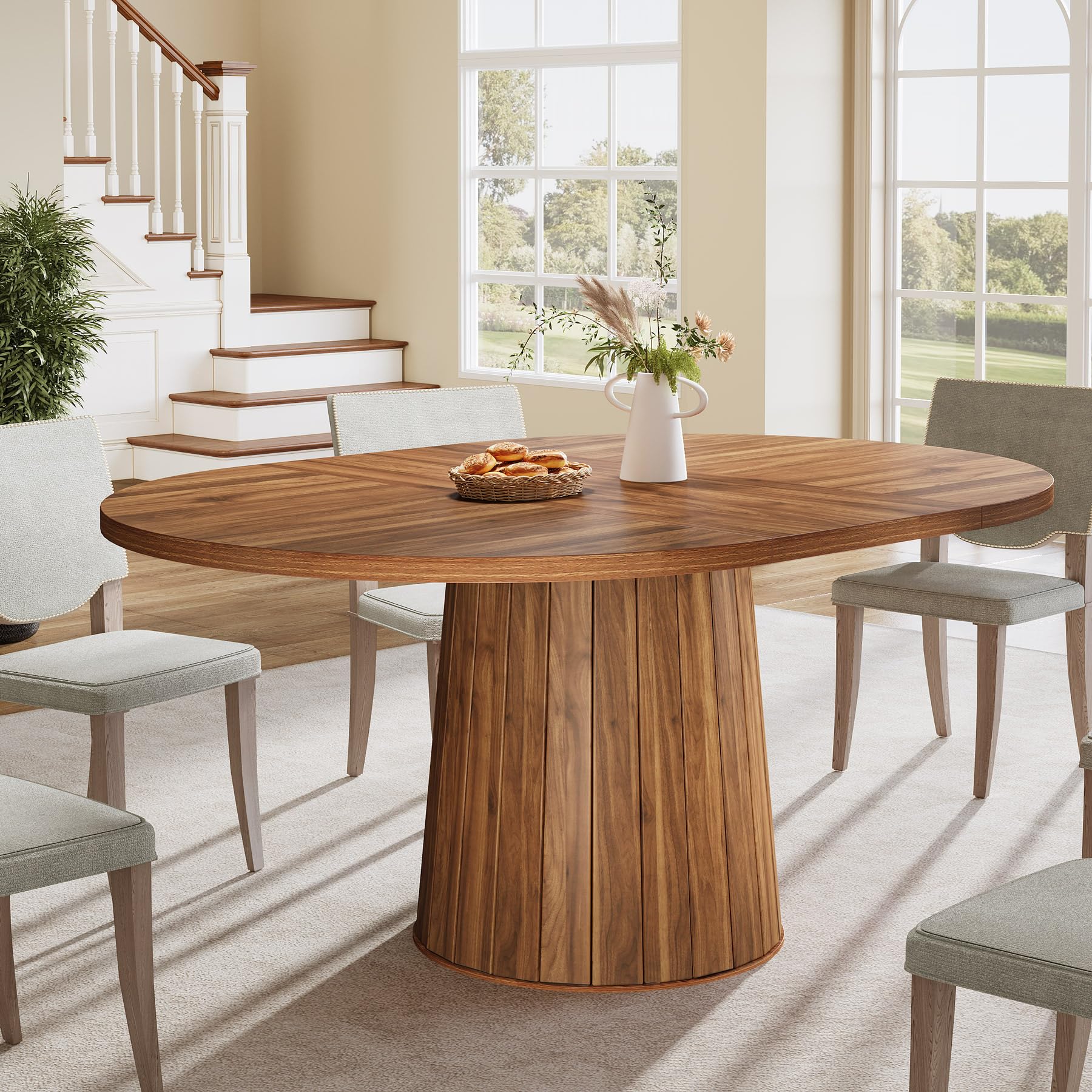 Tribesigns Mesa de comedor ovalada para 6 personas, mesa de comedor de madera de granja de 140 cm, mesa de cocina rústica con tablero de madera y base cilíndrica para comedor (marrón)