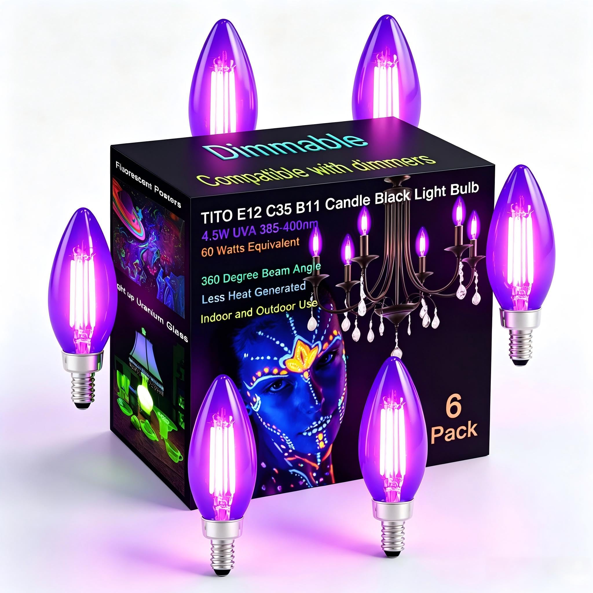 TITO 6 Pack E12 B11 395nm Dimmable Candle Black Light Bulbs