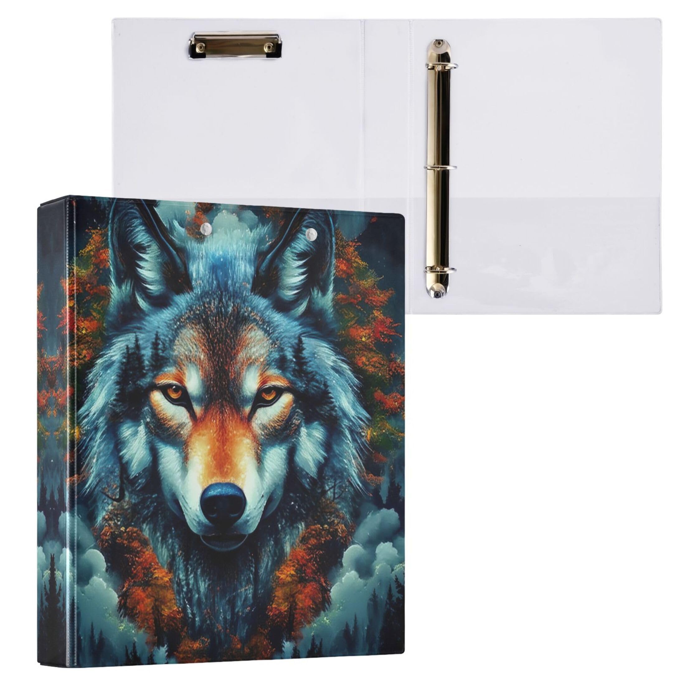 Personalisierbarer Ordner mit mystischem Wolfskopf, Herbstwald, 3,8 cm, 3 Ringe für 200 Blatt, Notizbuch, Ordner, runder Ringmappen, 31,5 x 27 x 6 cm, 1 Stück