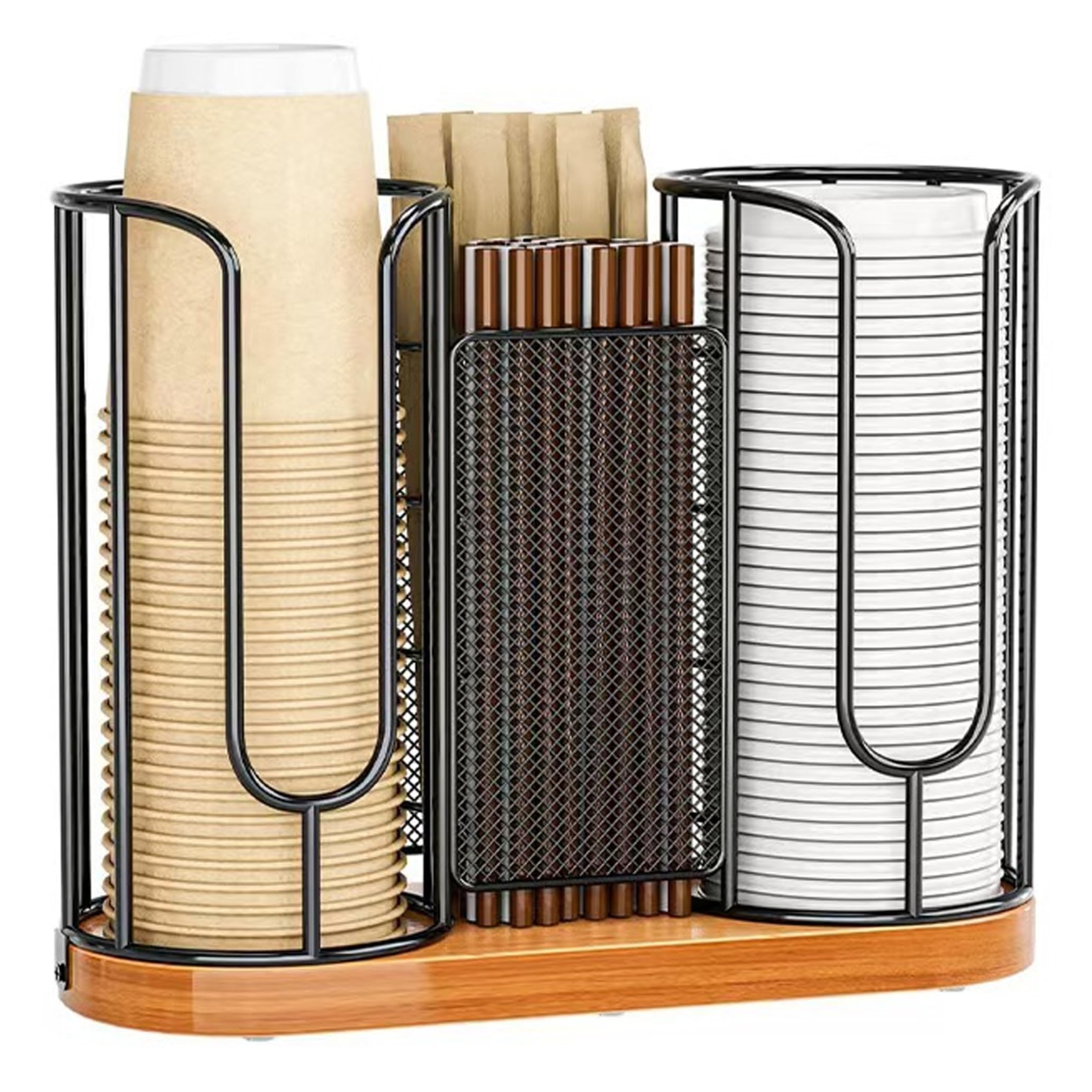 Dispenser per tazze da banco, coperchio con base in legno naturale a 3 scomparti, compatto