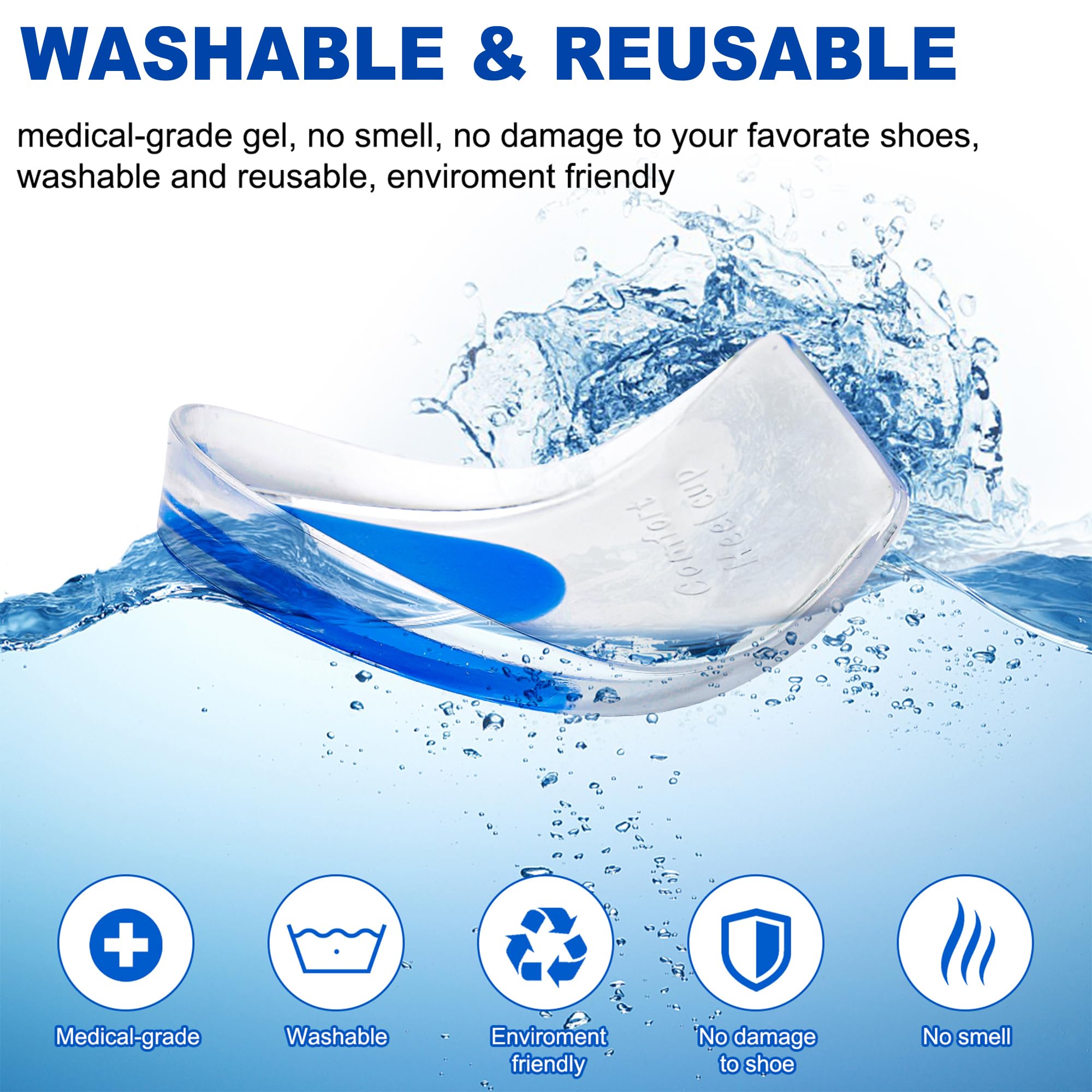 Almohadillas de gel de silicona para talón, 2 pares de talones para tendinitis de Aquiles, fascitis plantar, espolón de talón, alivio del dolor de talón, pequeño/mediano