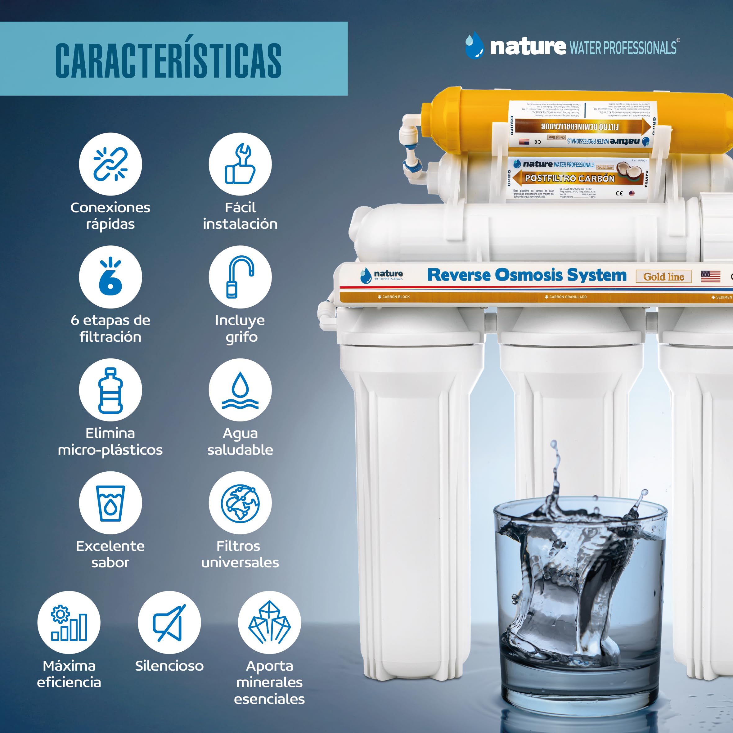 NATURE WATER PROFESSIONALS Equipo de Osmosis Inversa - Kit para Osmosis de 6 Etapas - Capacidad para 5 L - Incluye Membrana Vontron de 50GPD, Deposito y Filtros