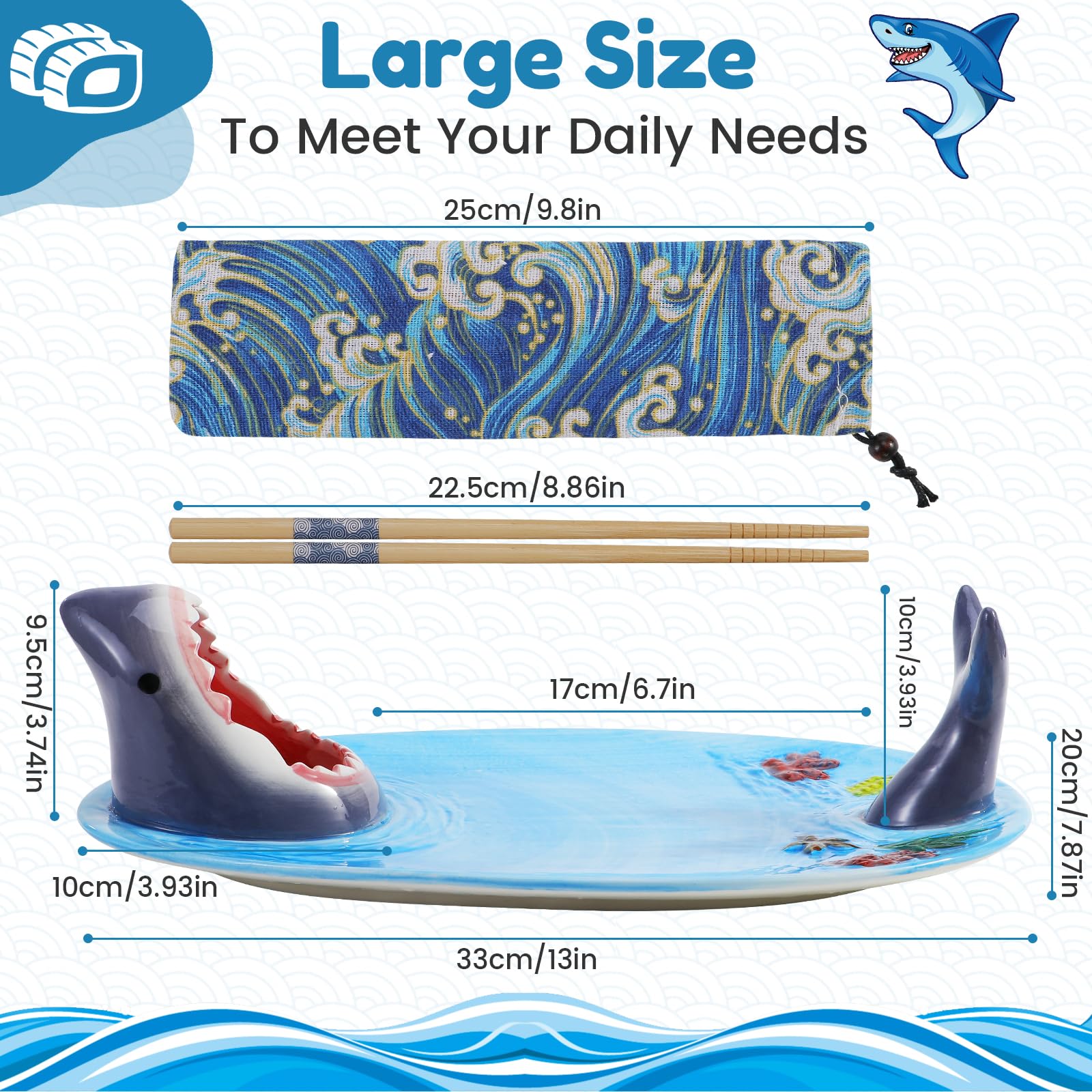 Shark Sushi Tablett, Upgraded 3 in 1 Shark Sushi Teller mit Essstäbchen, Shark Sushi Teller, Hai Teller mit Soßenfach, Lebensmittelechtes Material,