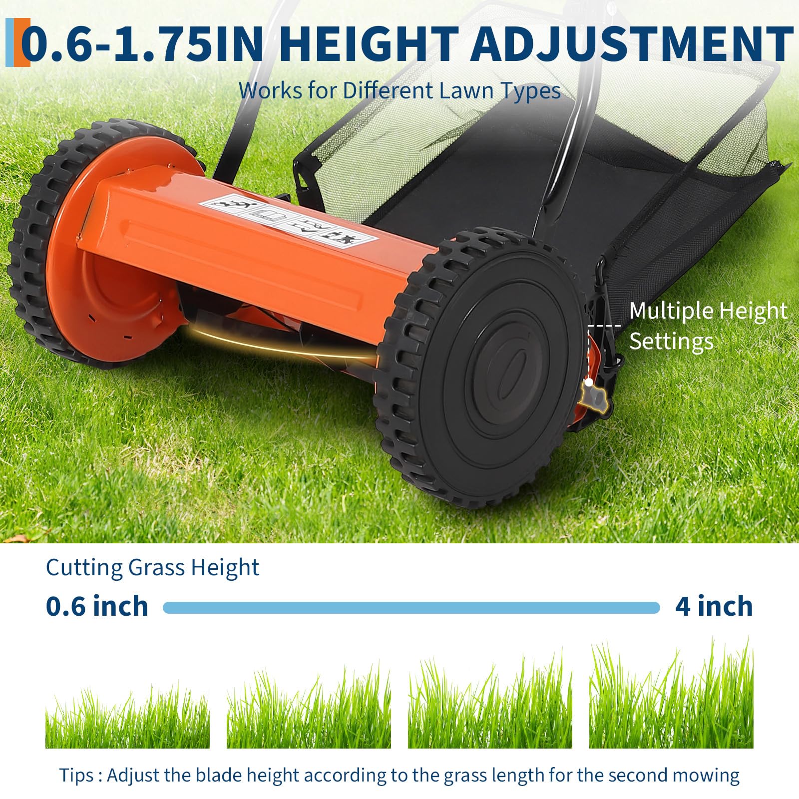 Garvee Cortacésped Manual de Acero al Carbono con Ancho de Corte de 35 cm, Altura Ajustable y Recogedor, Segadora Helicoidal Silenciosa para Jardines Pequeños y Medianos, Naranja, Durabilidad Superior